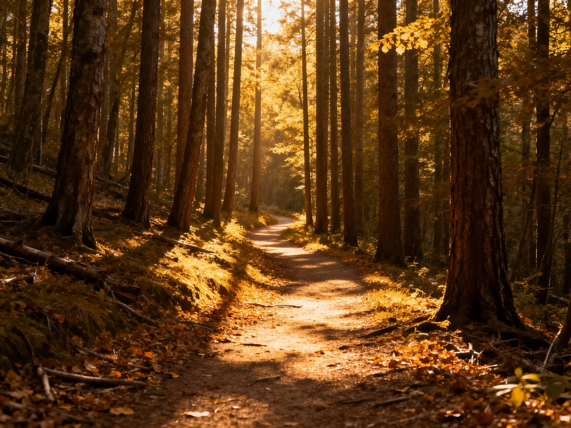 Golden sunlight illuminates a forest trail among tall trees
