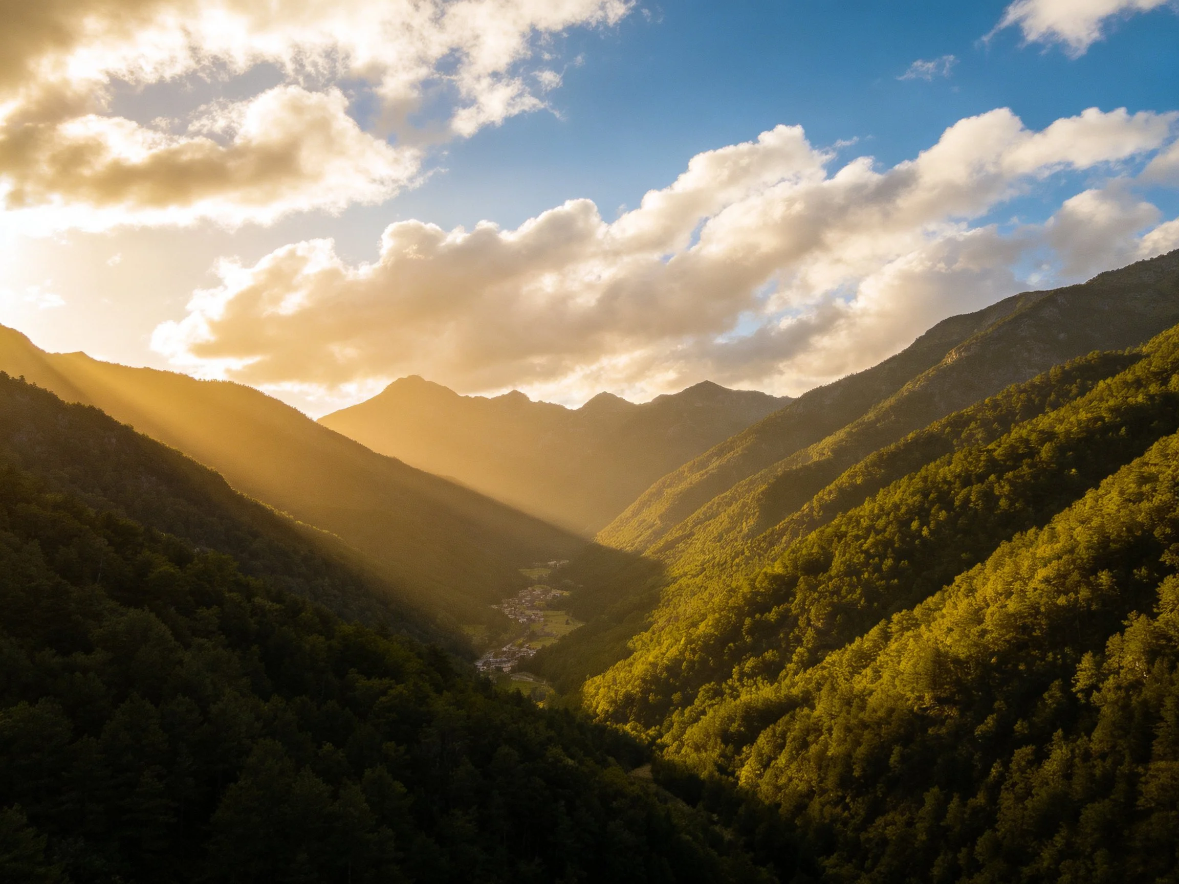Golden sunlight illuminates a forested mountain valley with distant peaks.