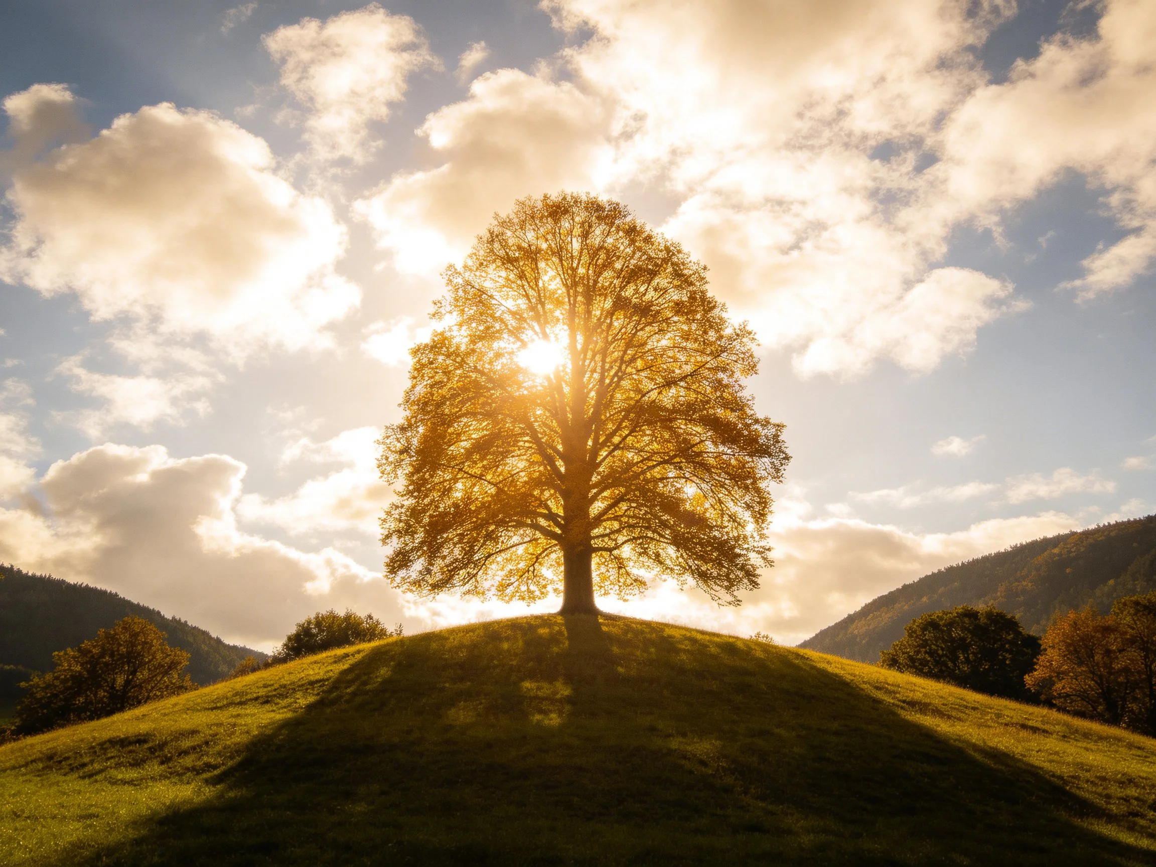 Golden sunlight illuminates a lone tree atop a grassy hill.