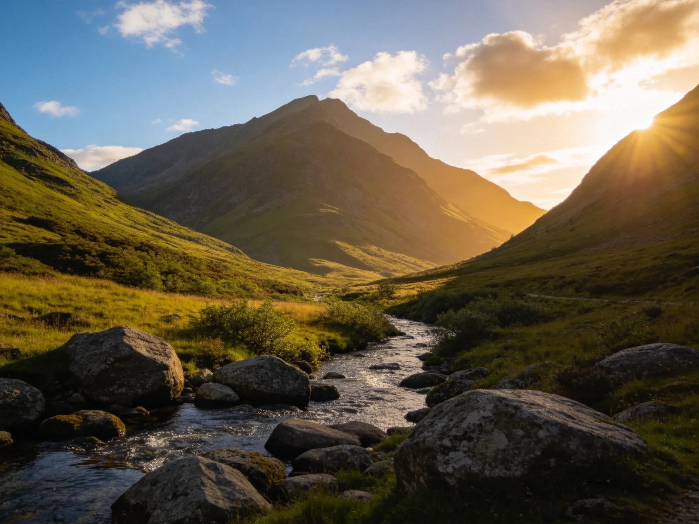 Golden sunlight illuminates a rocky mountain valley with a winding stream
