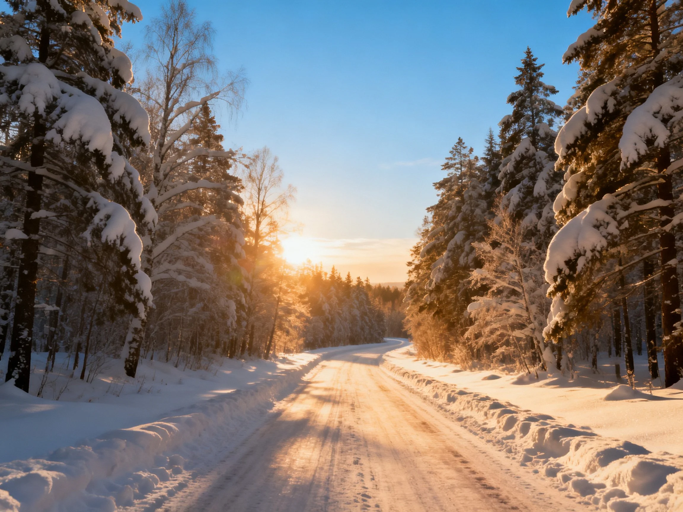 Golden sunlight illuminates a snow-covered forest path