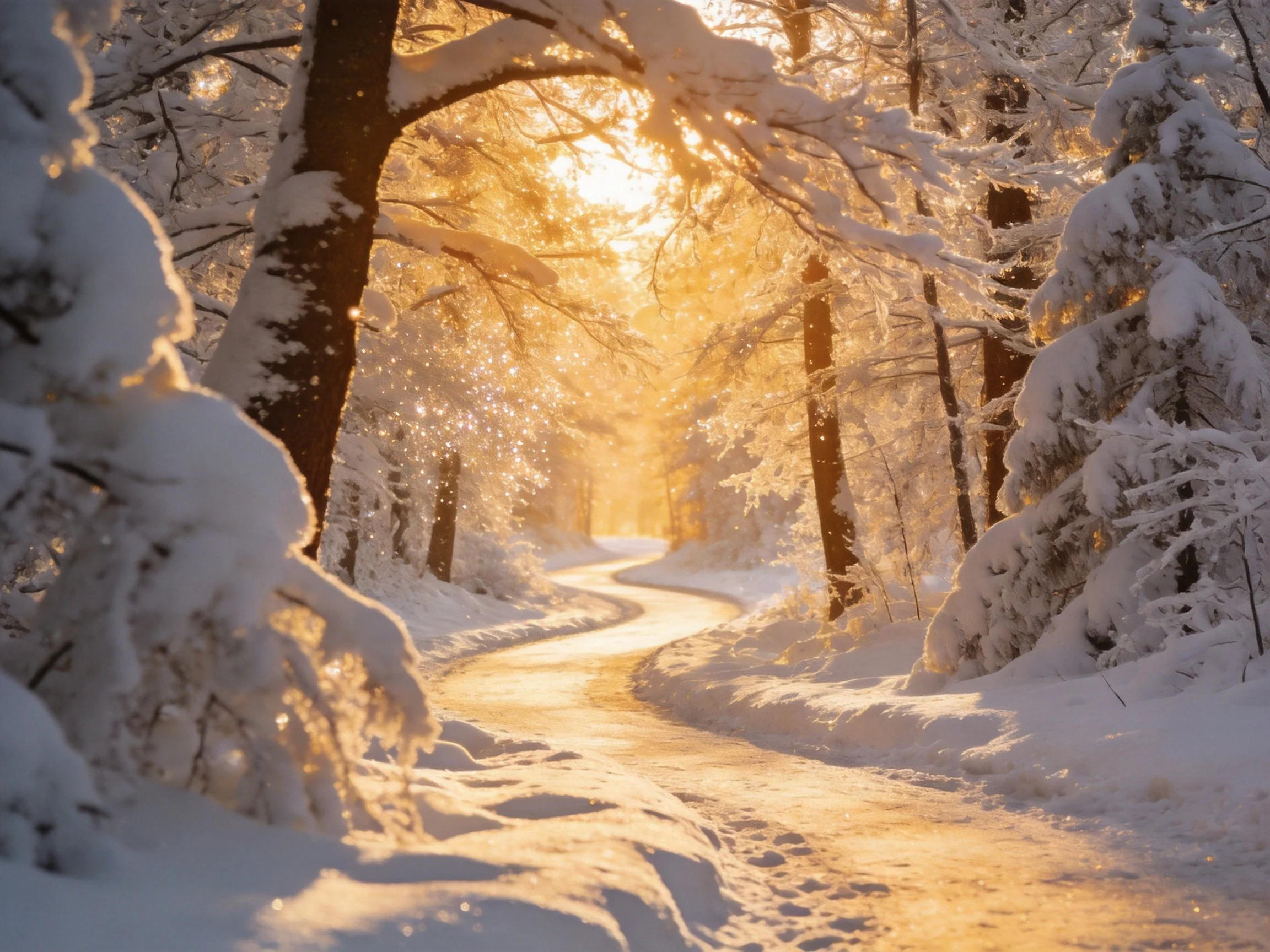 Golden sunlight illuminates a winding snowy forest path