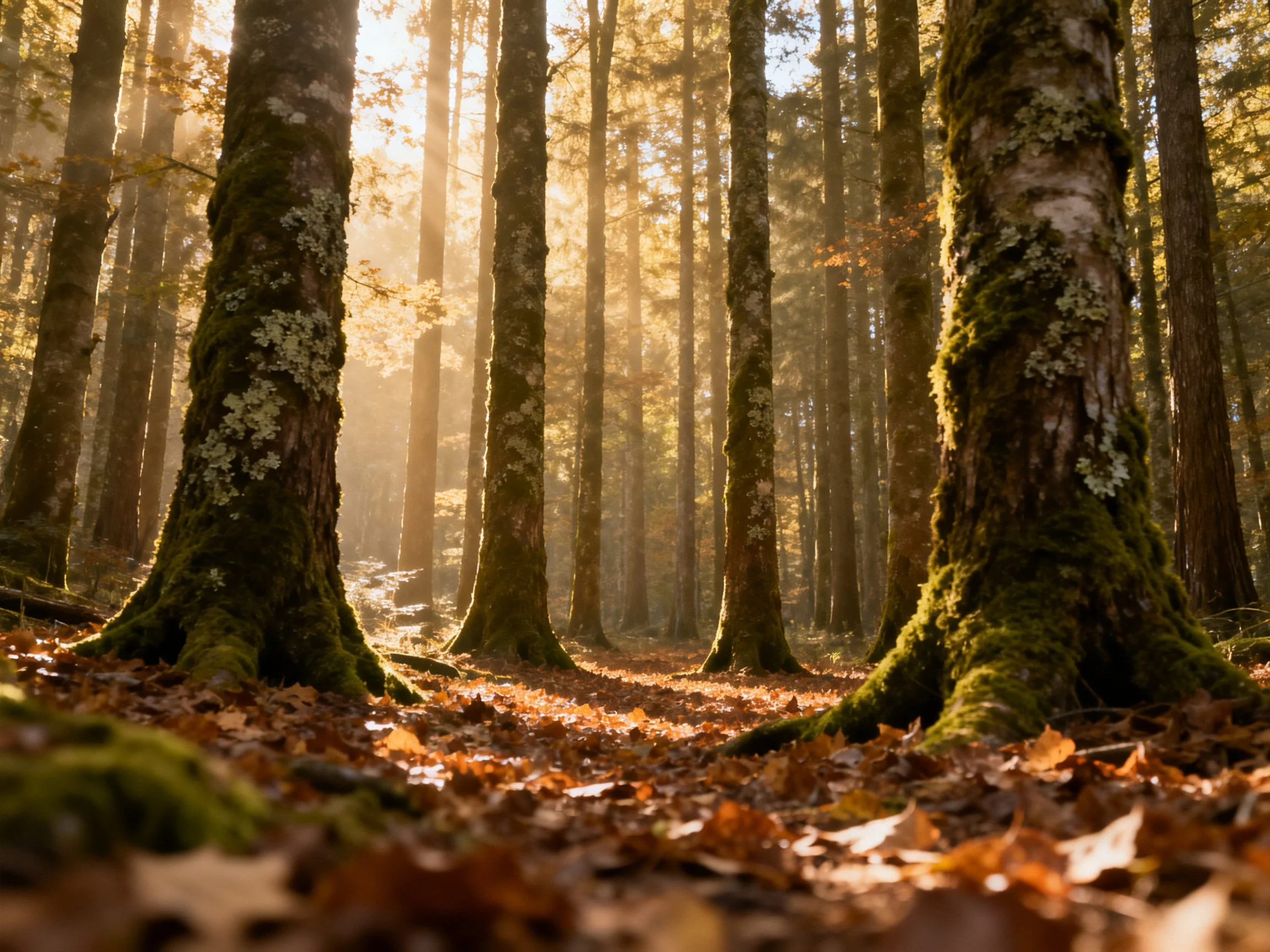 Golden sunlight illuminates moss-covered forest trees