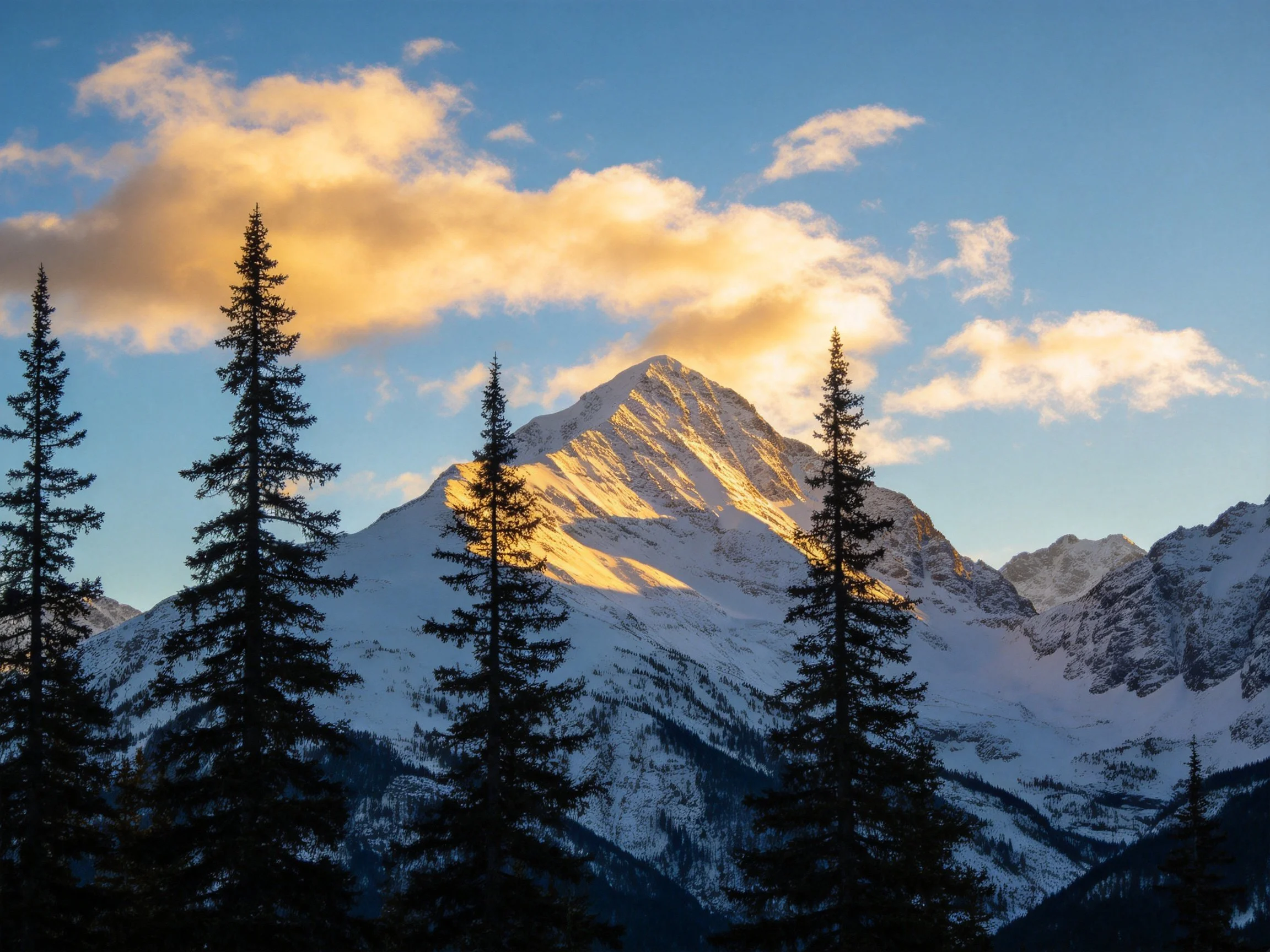 Golden sunlight illuminates snow-capped mountain peaks with pine trees