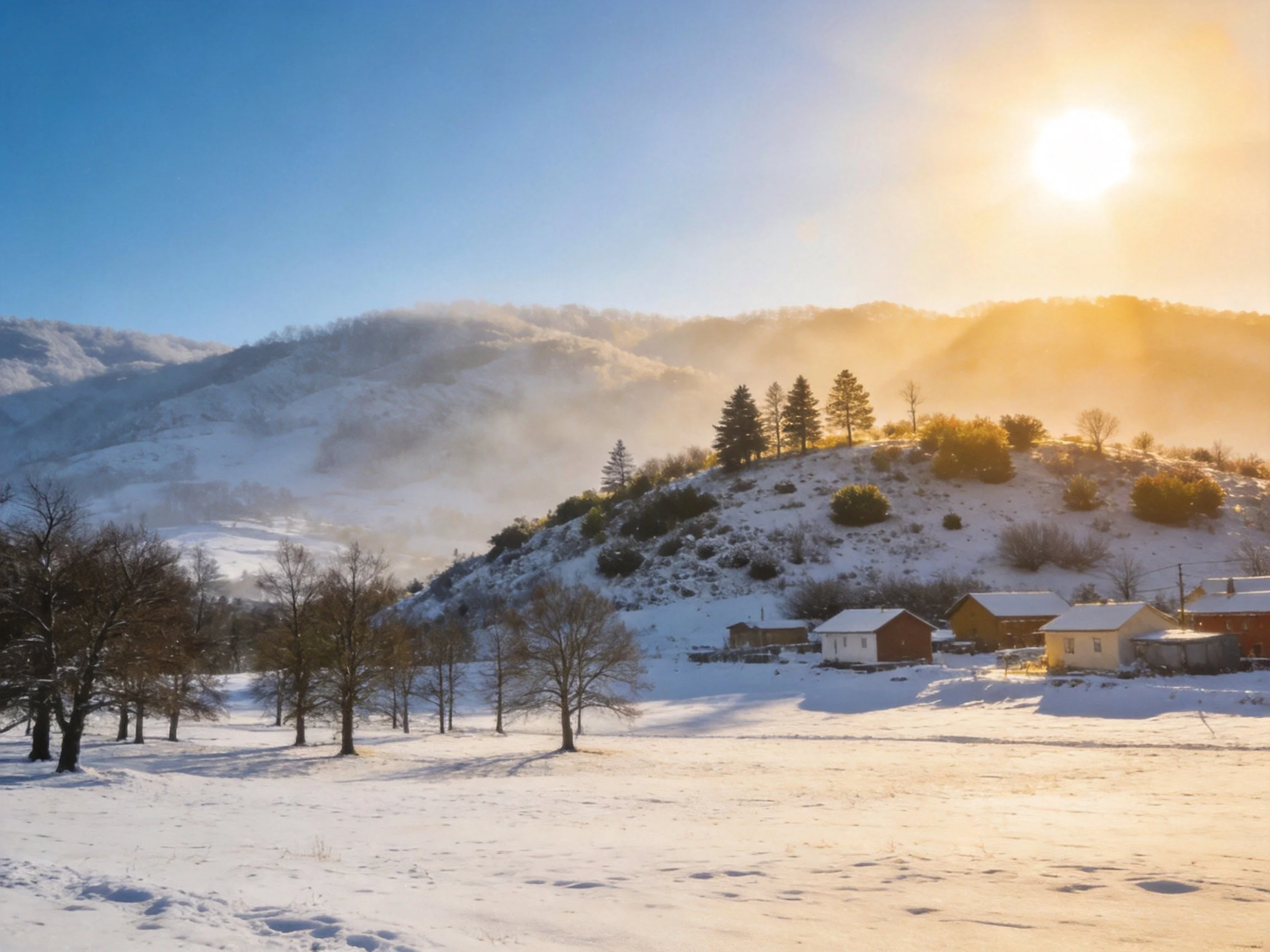 Golden sunlight illuminates snow-covered hills and wooden cabins