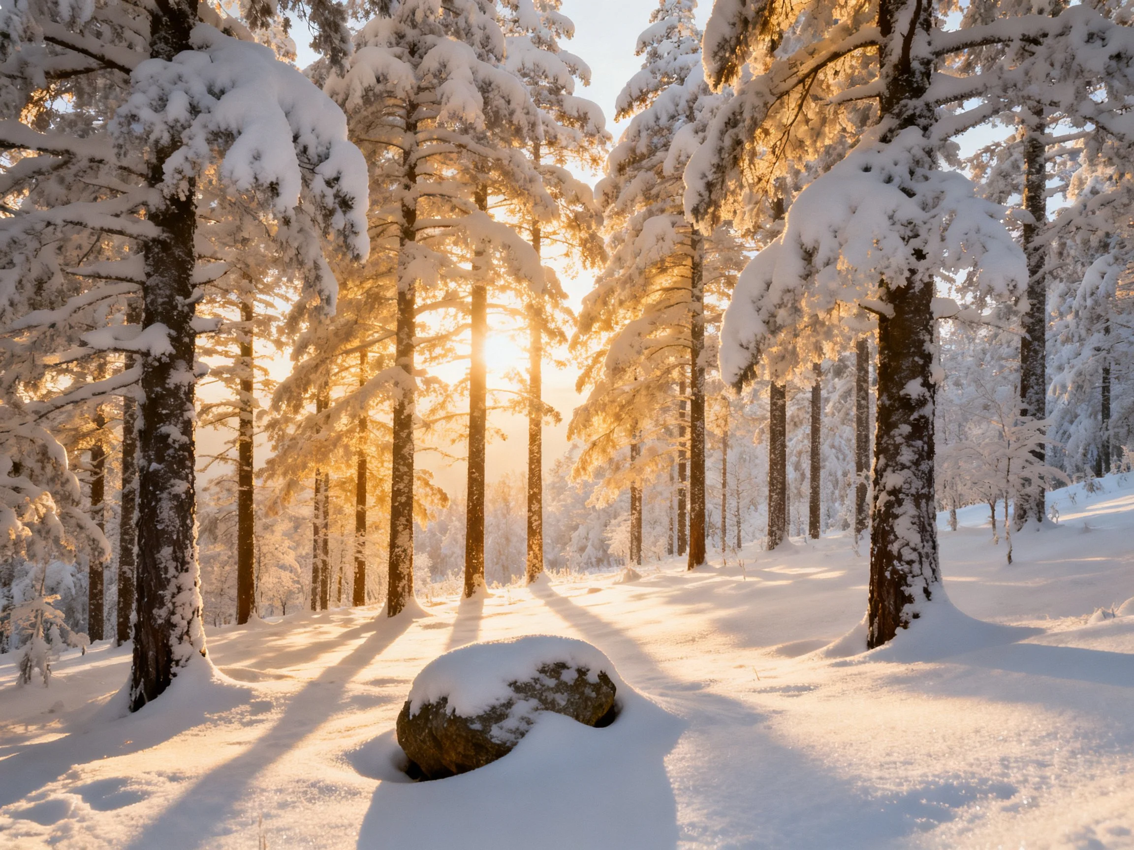 Golden sunlight illuminates snow-covered pine forest