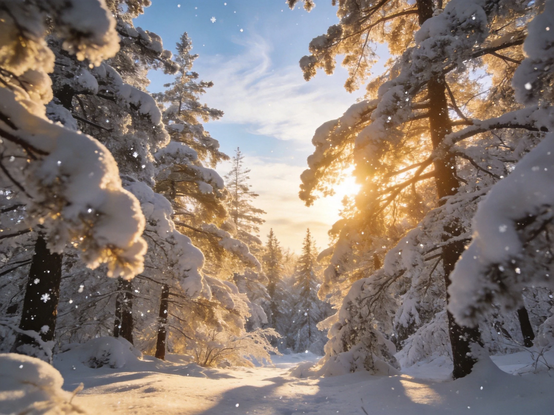 Golden sunlight illuminates snow-laden evergreen forest