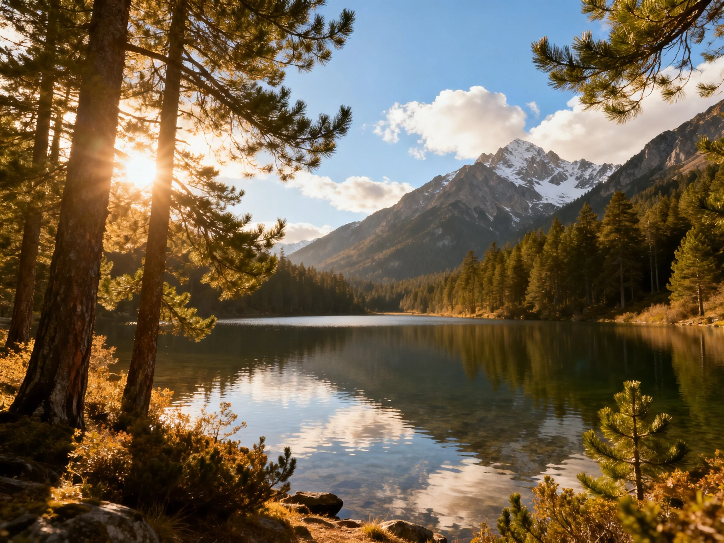 Golden sunlight over a calm lake with pine forests and snow-capped mountains