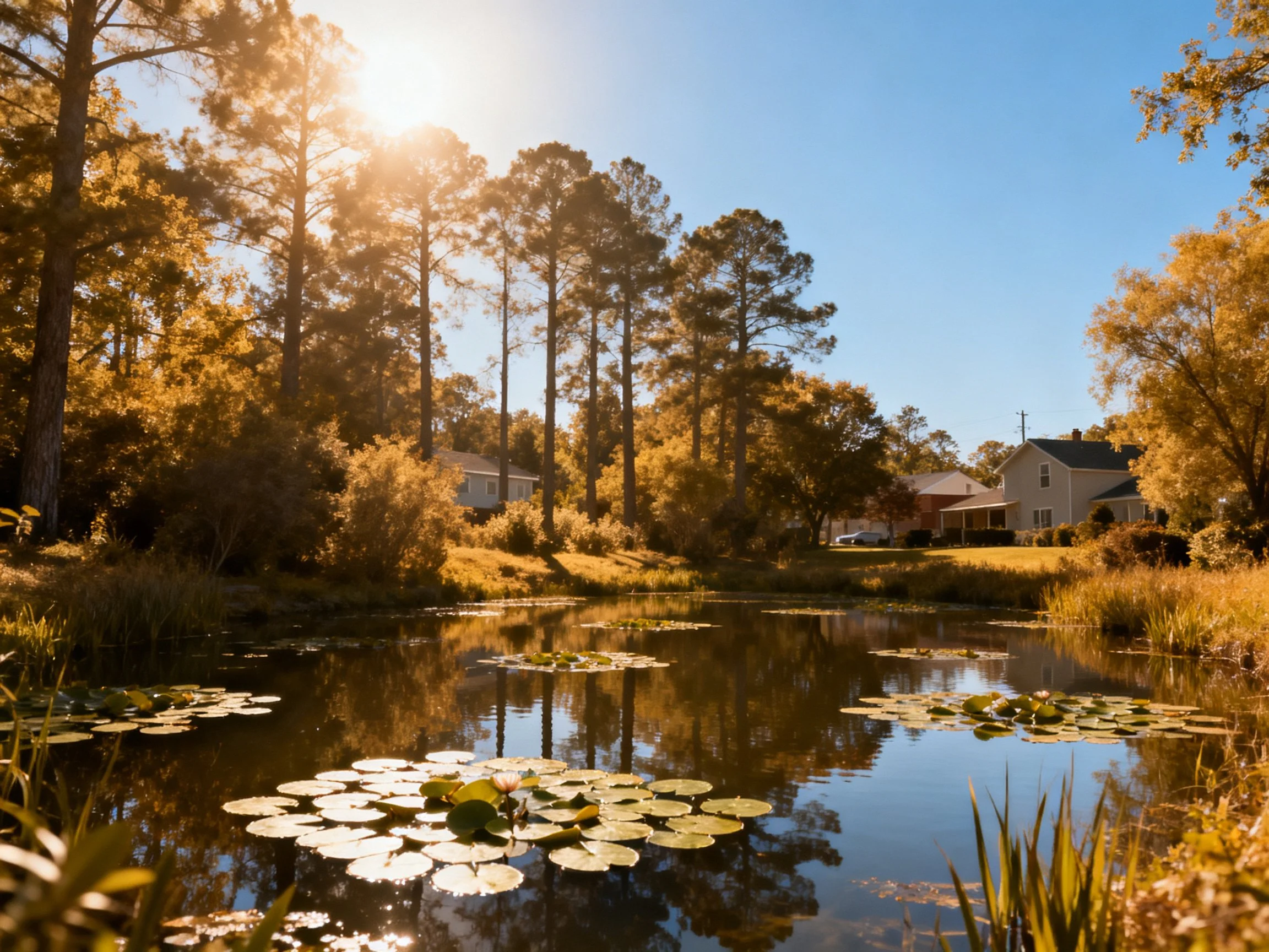 Golden sunlight over a pond with lily pads, tall pine trees, and suburban homes.