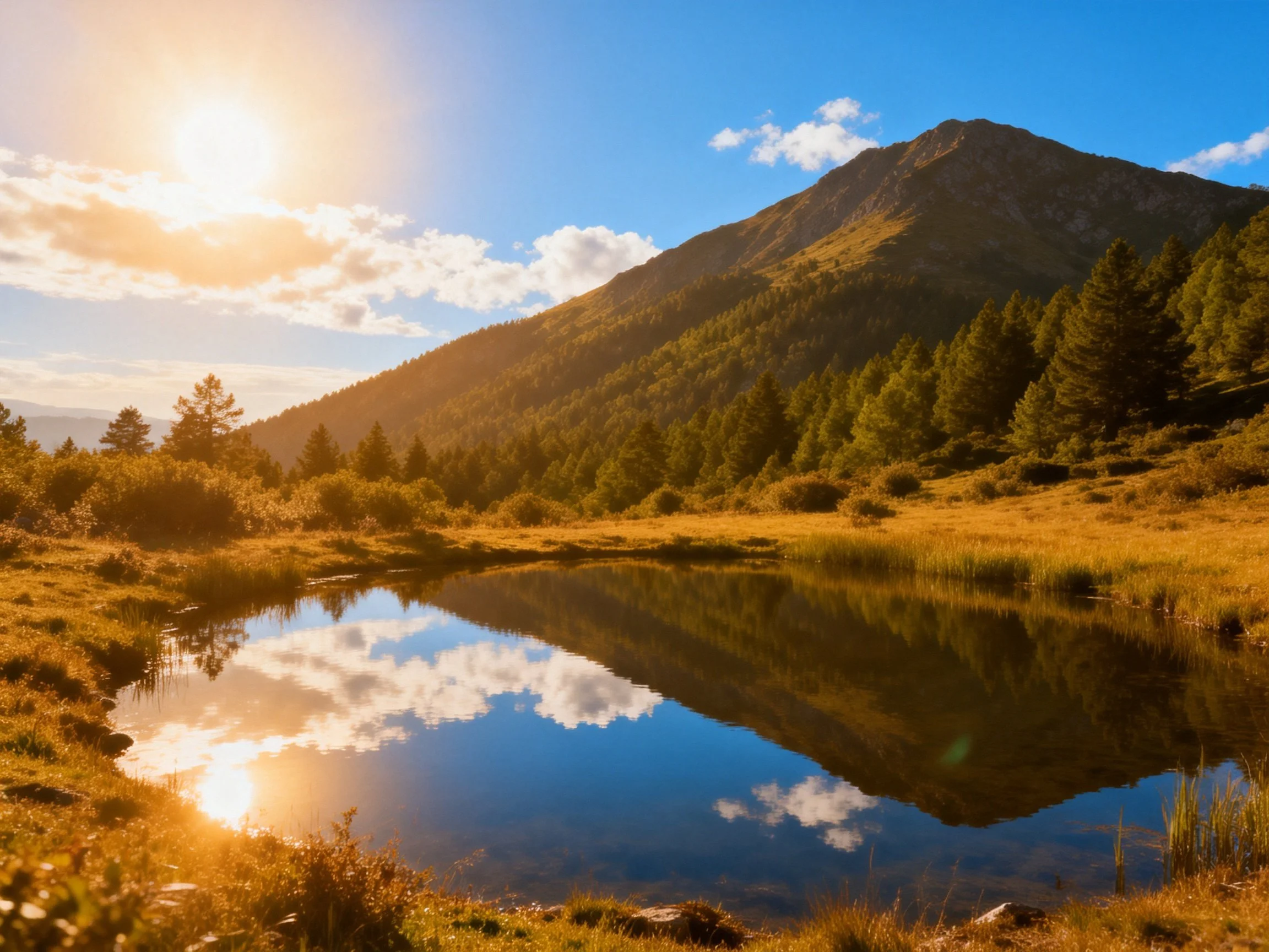 Golden sunlight over mountainous landscape with reflective pond and pine forest
