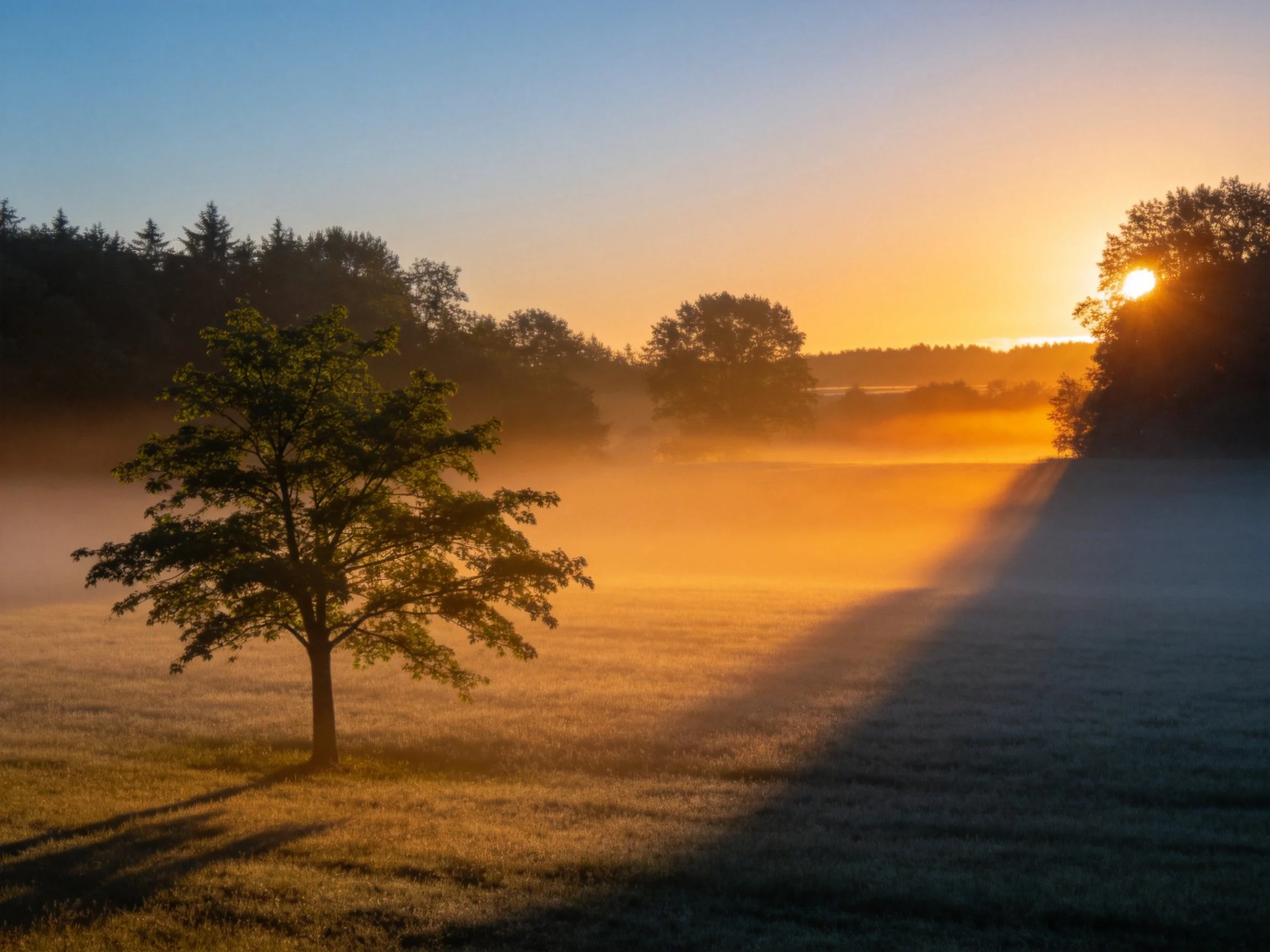 Golden sunrise illuminates a misty field with solitary tree