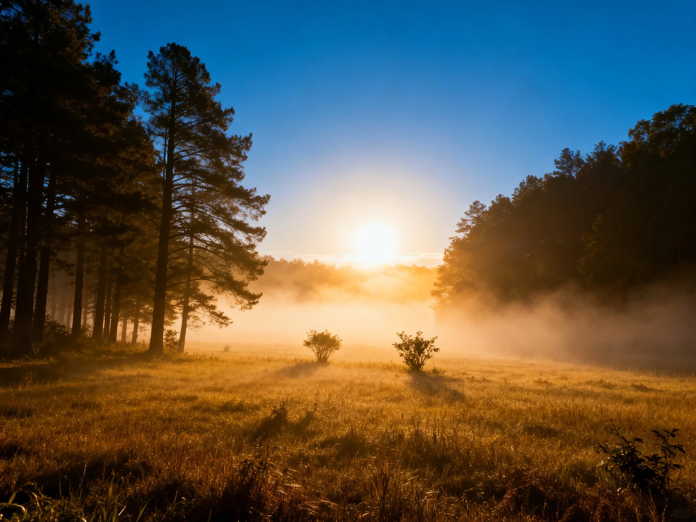 Golden sunrise illuminates misty forest meadow with tall pines