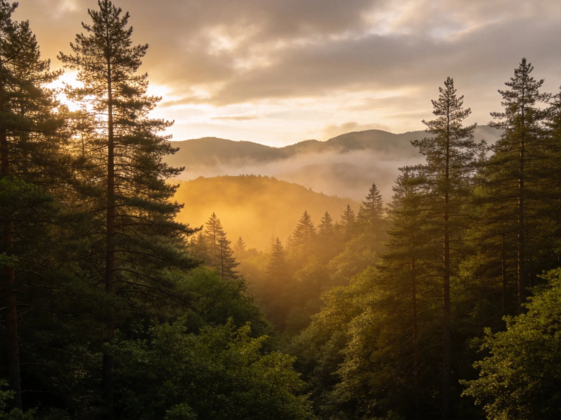 Golden sunrise illuminates misty mountain forest