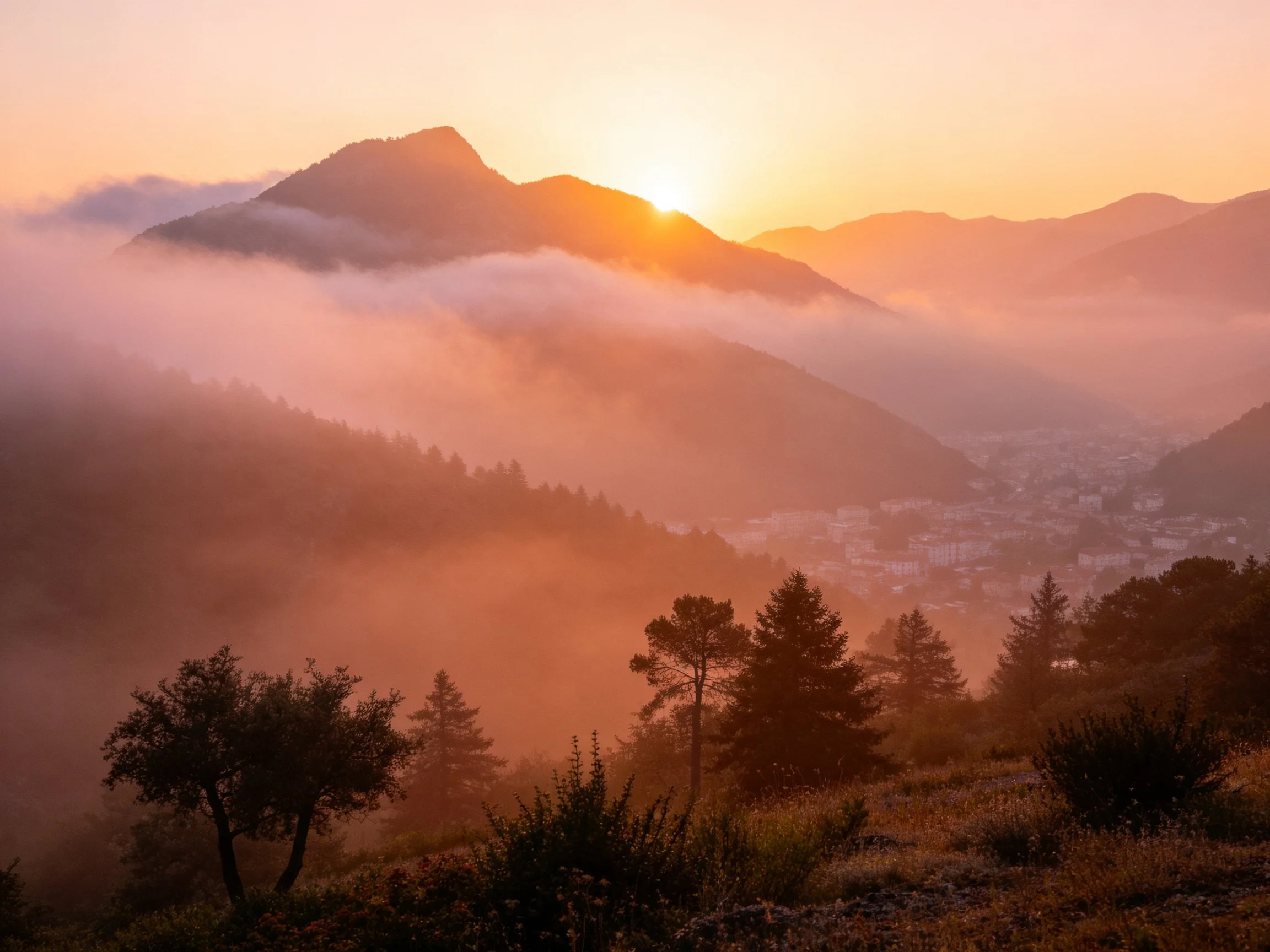 Golden sunrise illuminates misty mountain landscape with forested foreground.