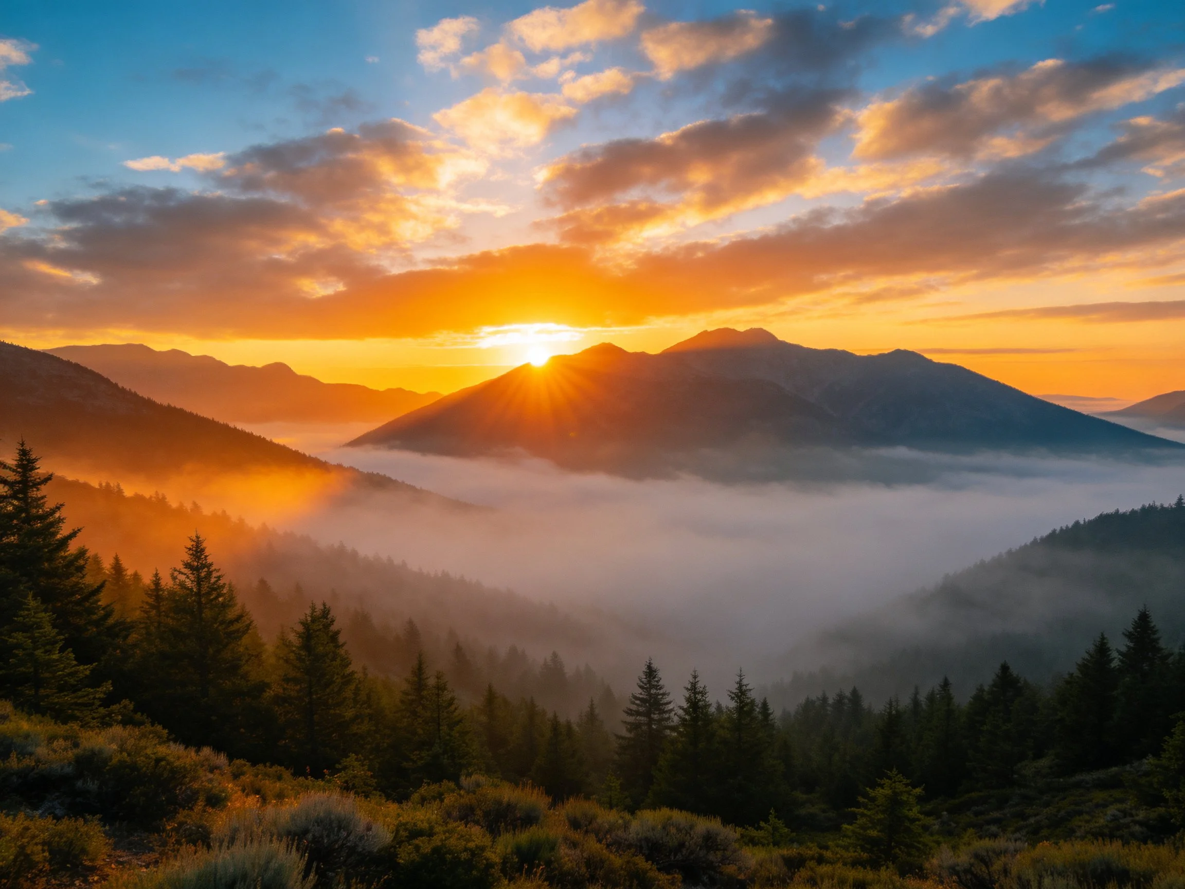 Golden sunrise illuminates misty mountain valleys and evergreen forests