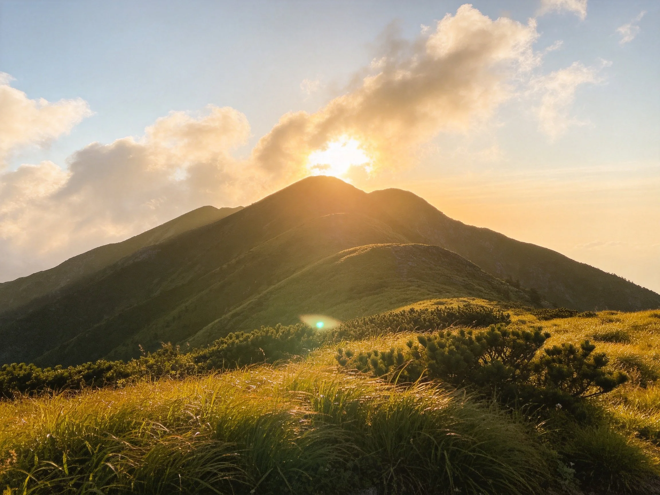 Golden sunrise illuminates verdant mountain ridges with soft clouds