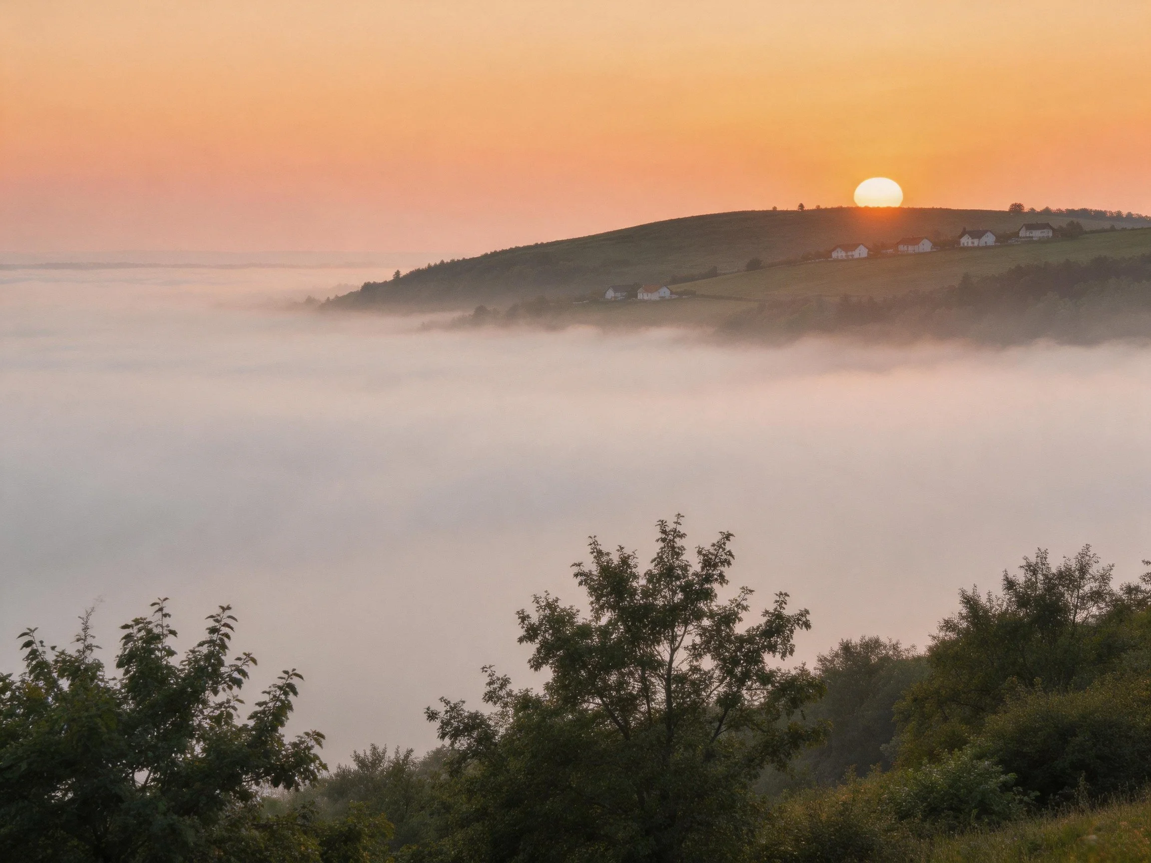 Golden sunrise over foggy countryside hillside