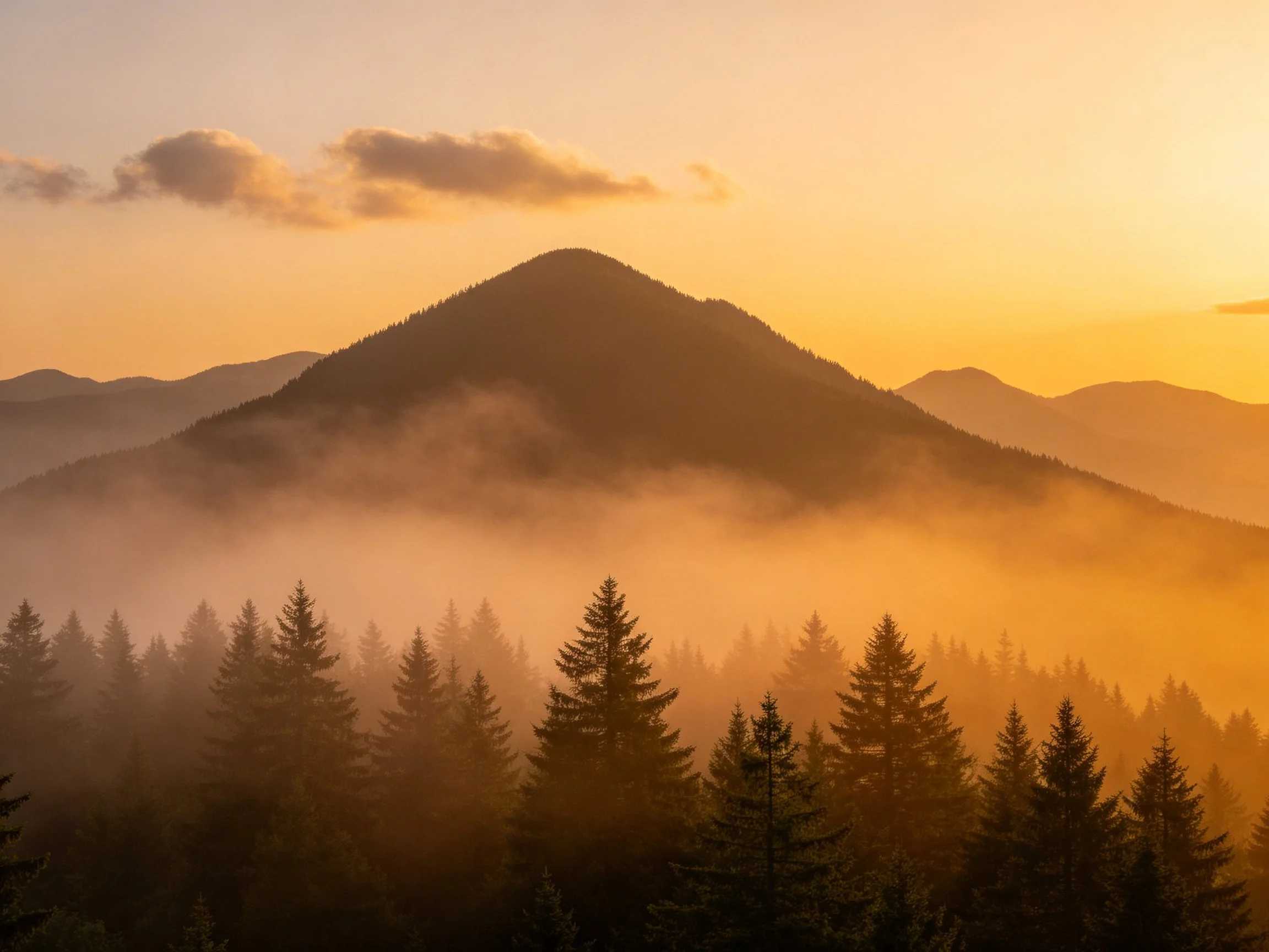 Golden sunrise over mist-shrouded forested mountains