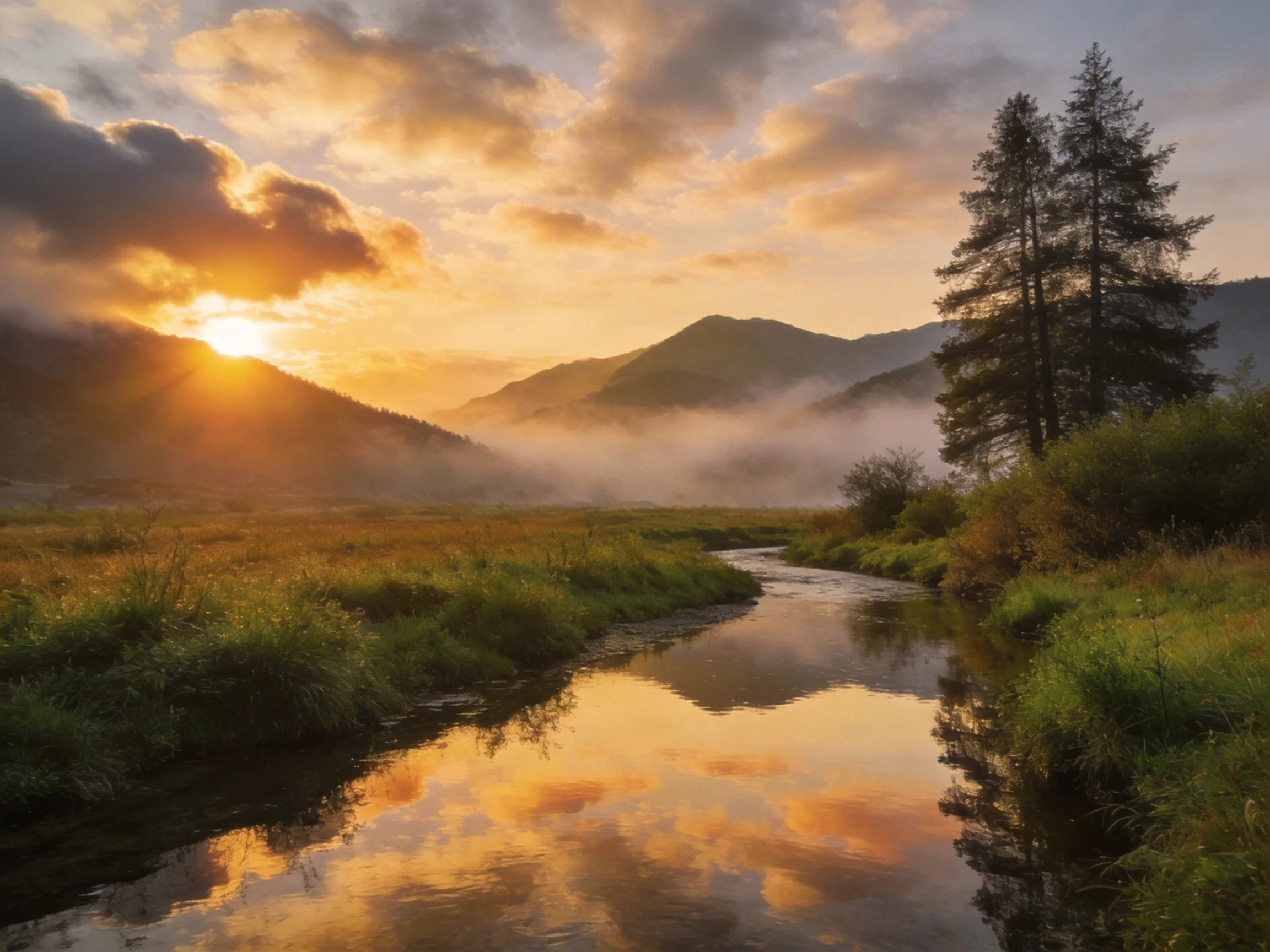 Golden sunrise over mountain valley with winding stream
