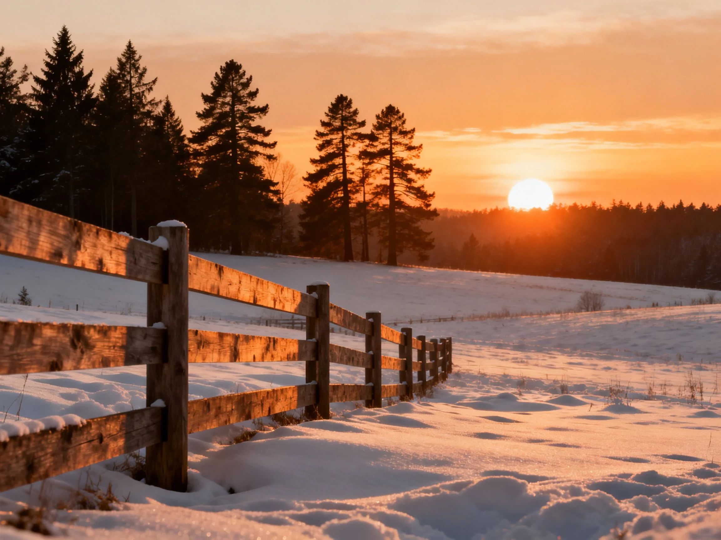 Golden sunset illuminates a snow - covered field with a wooden fence