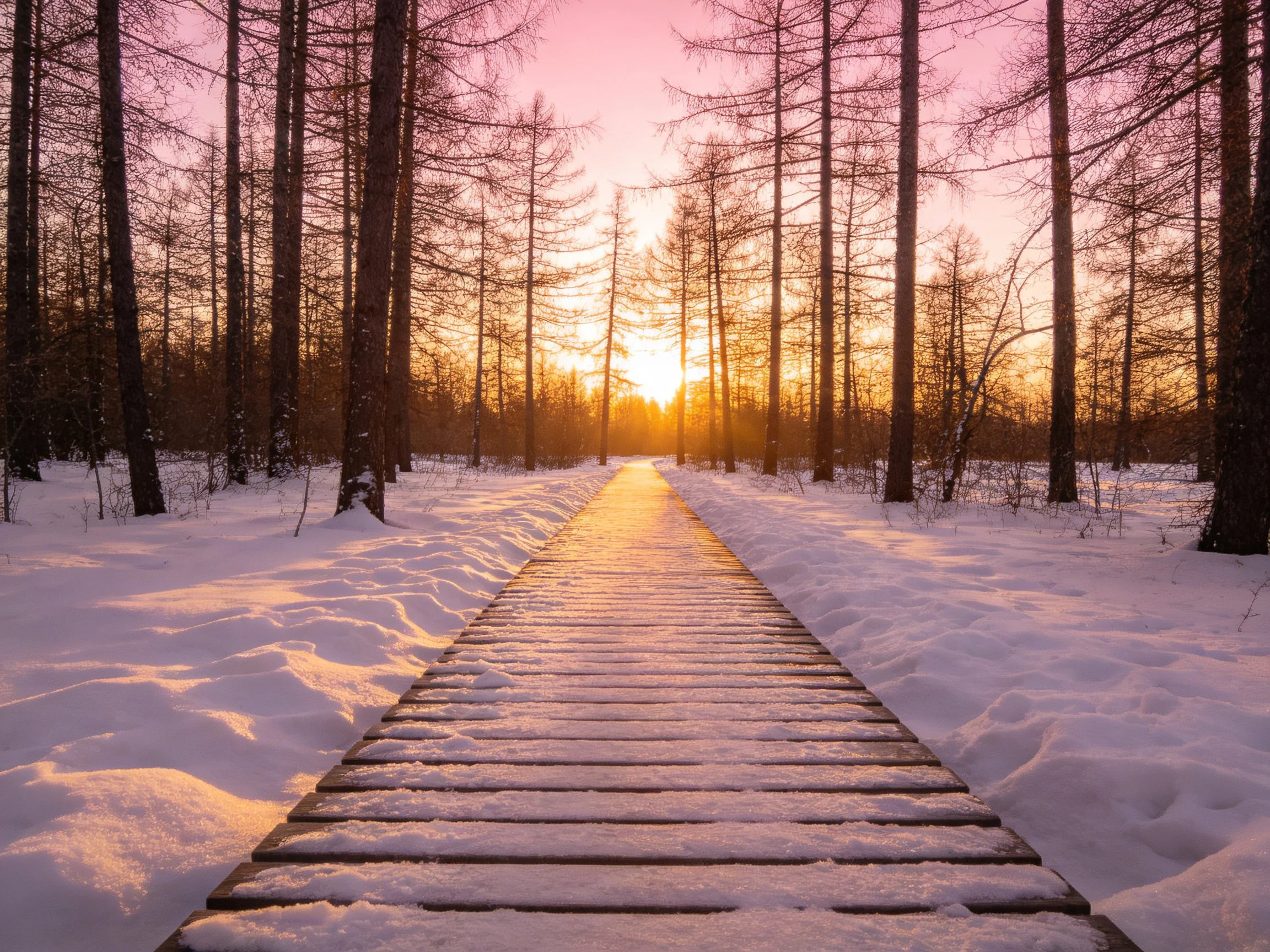 Golden sunset illuminates a snow - covered wooden pathway through tall trees