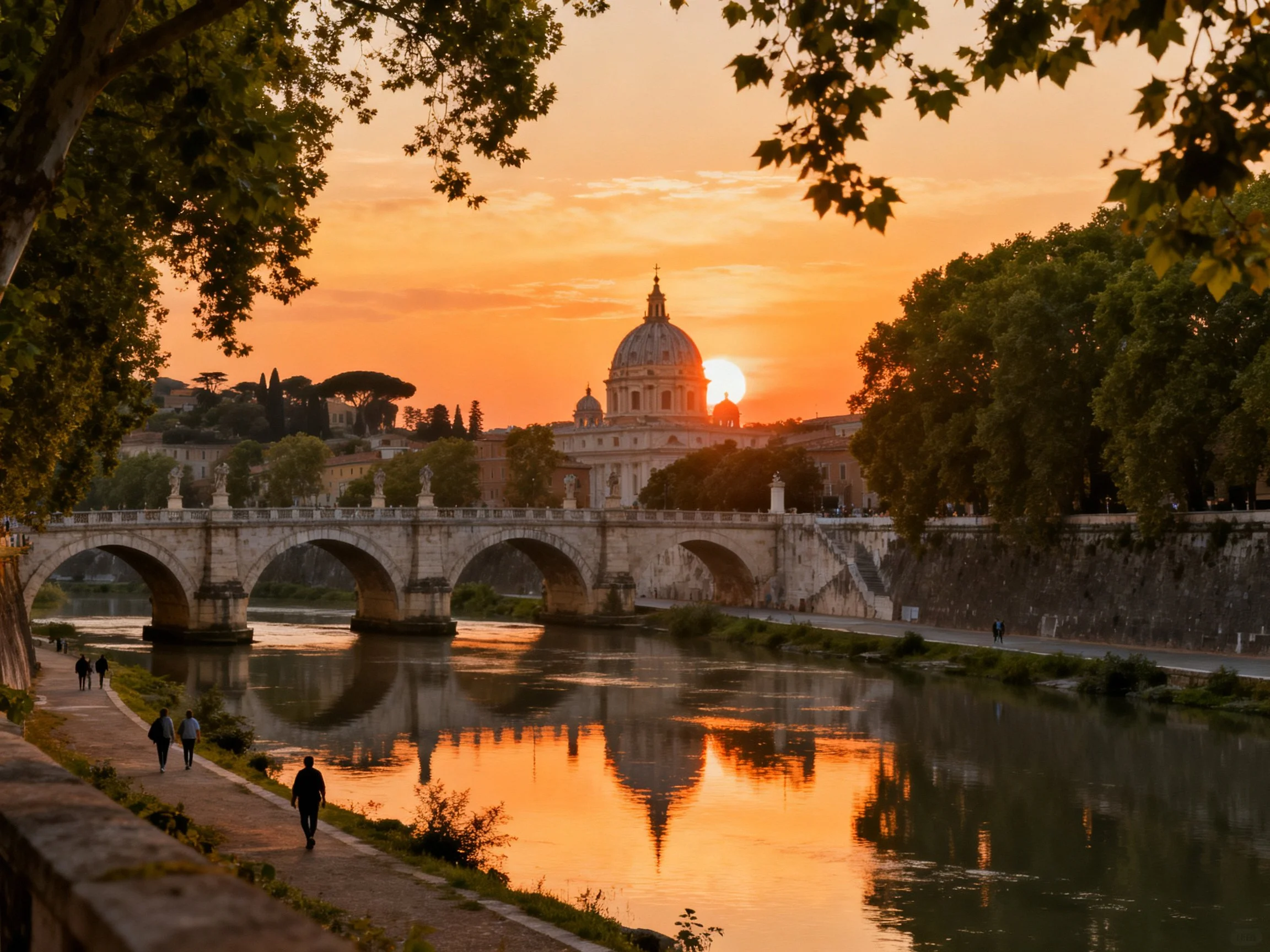 Golden sunset illuminates ancient stone bridge and domed cathedral by tranquil river