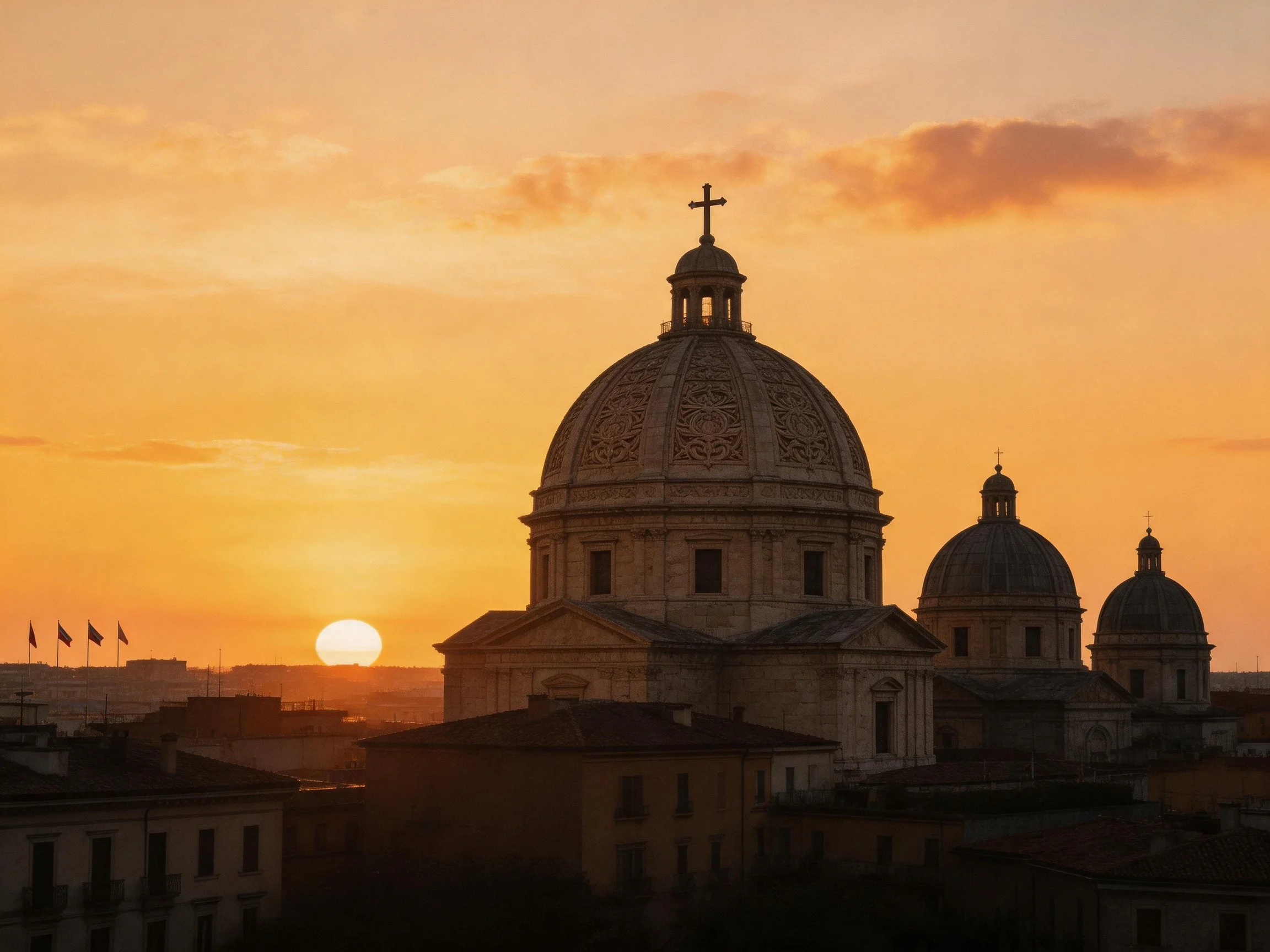 Golden sunset illuminates grand domed historic church structures