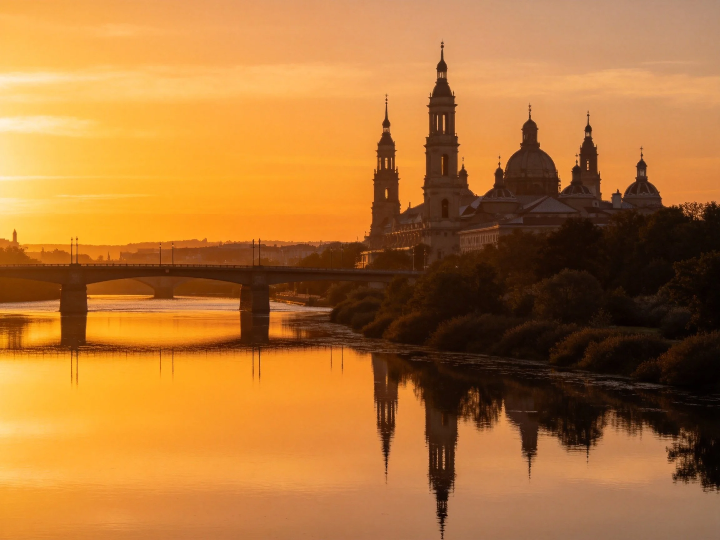 Golden sunset illuminates historic cathedral and bridge reflection