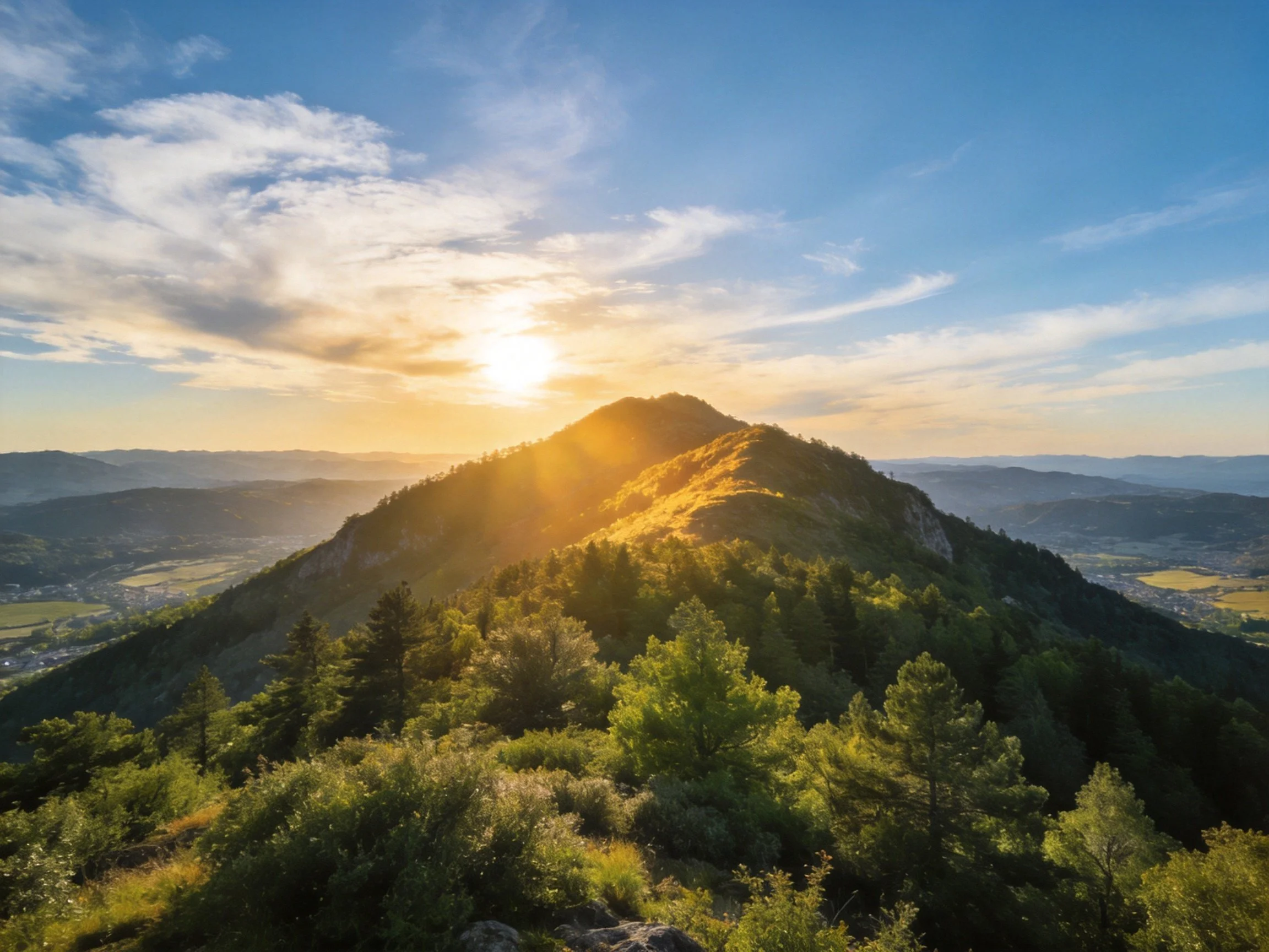 Golden sunset illuminates lush forested mountain peak