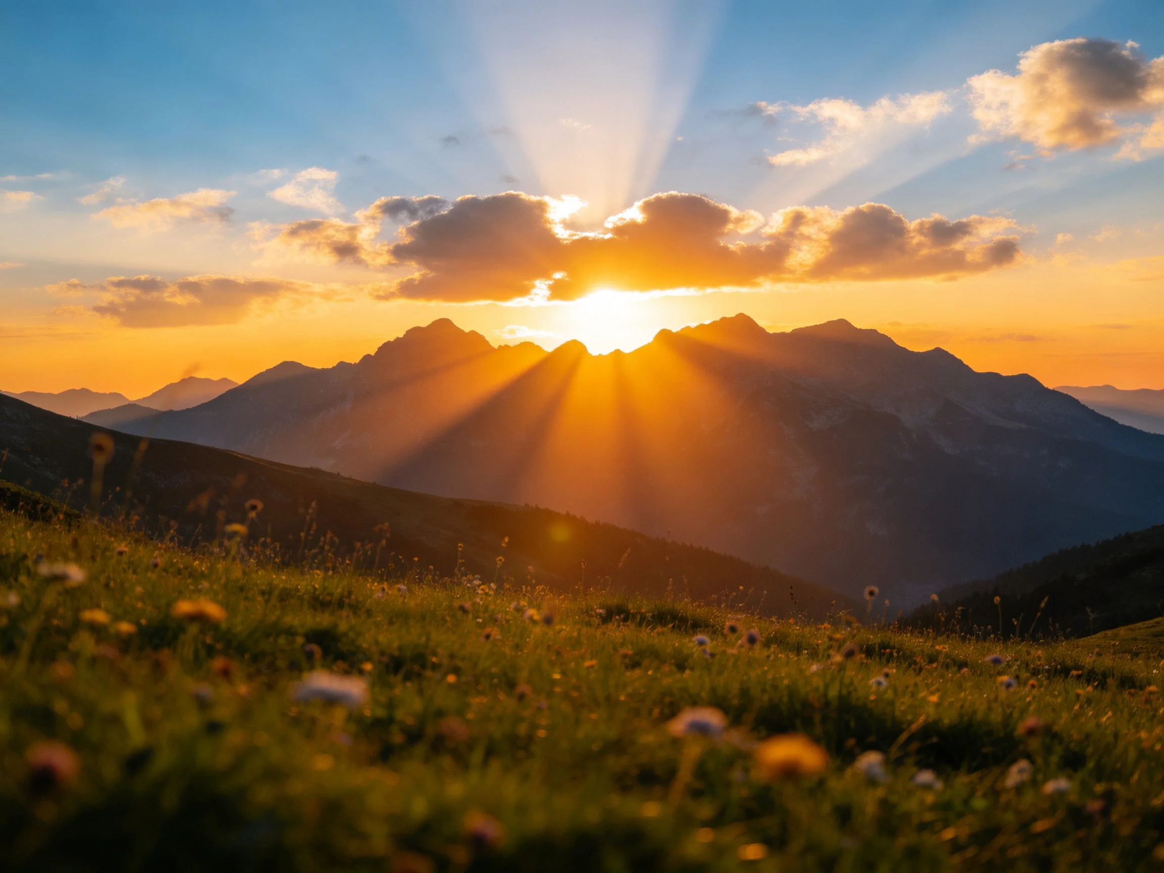 Golden sunset illuminates mountain peaks and grassy meadow