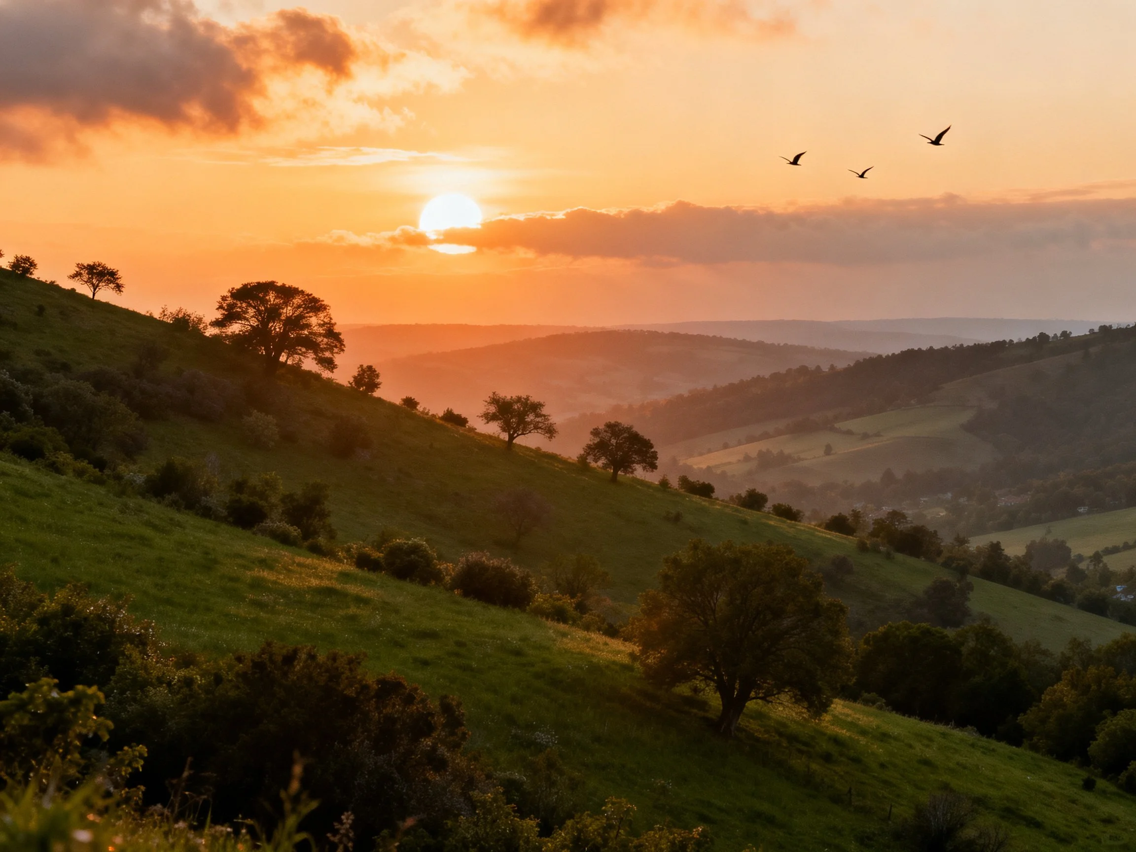 Golden sunset illuminates rolling green hills and distant valleys