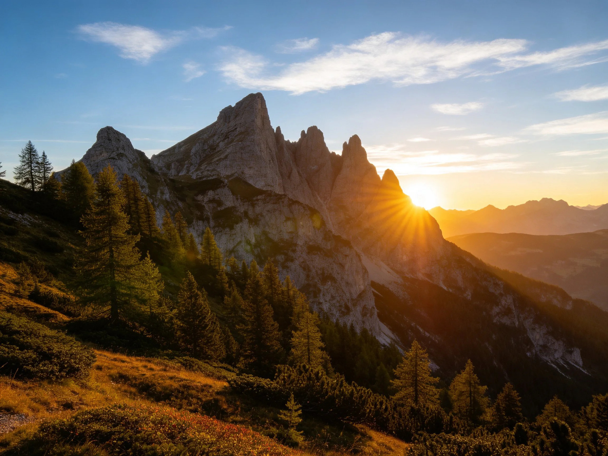 Golden sunset illuminates rugged mountain peaks with forested slopes