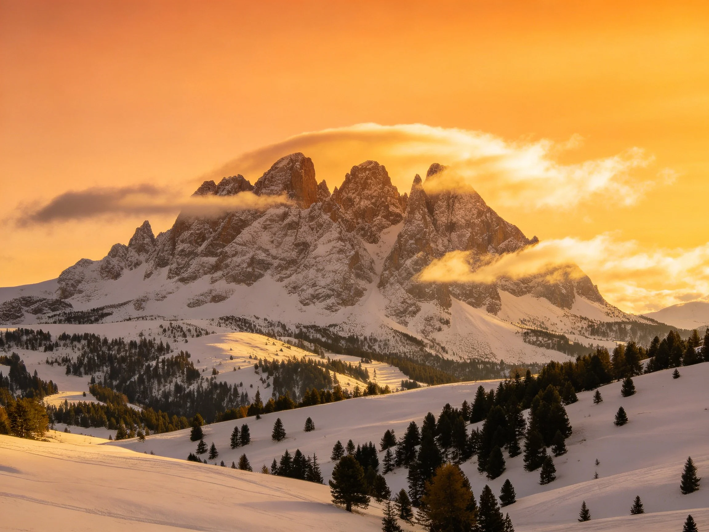 Golden sunset illuminates snow-capped mountain peaks with forested slopes below