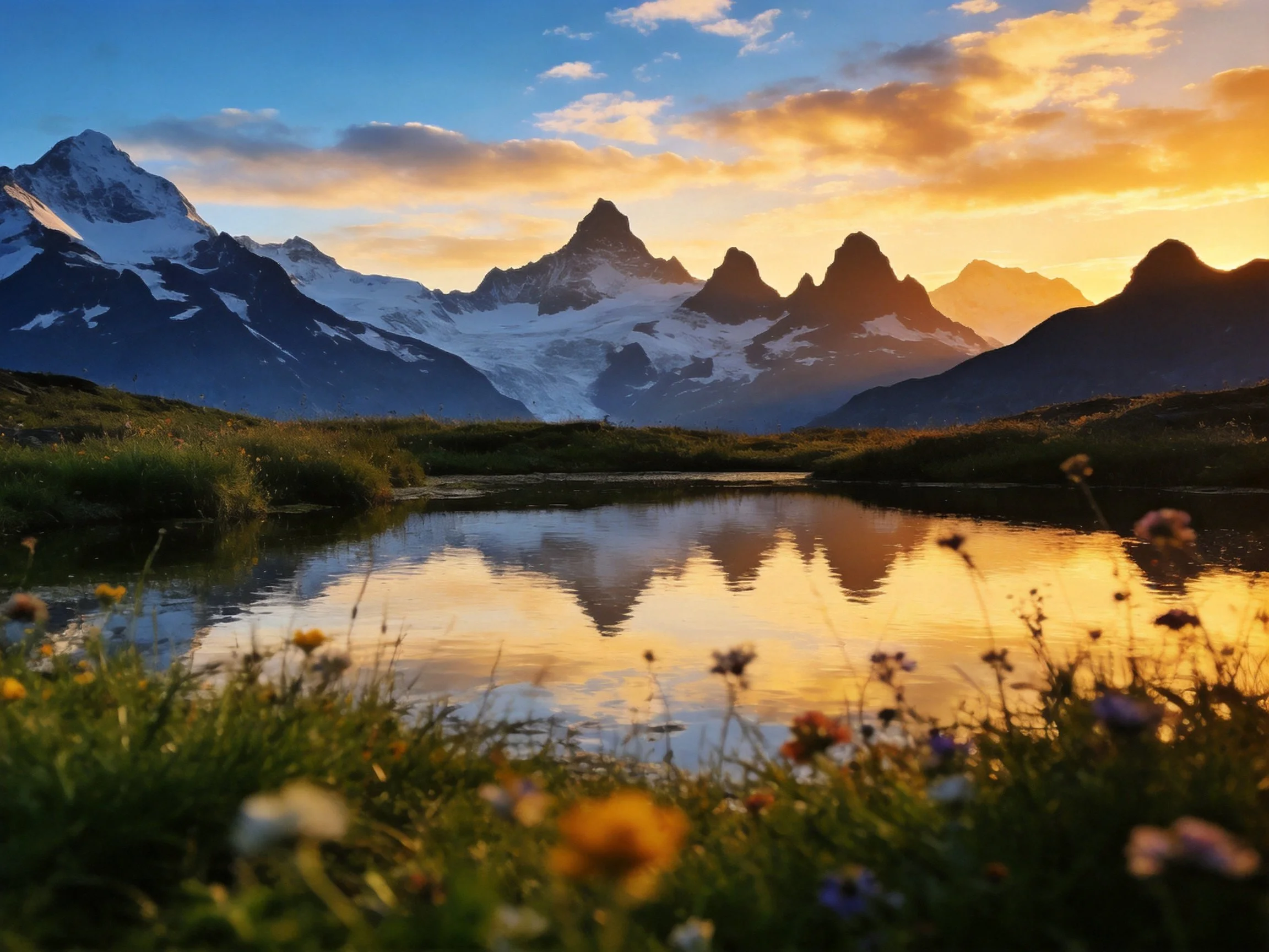 Golden sunset illuminates snow-capped mountains reflected in alpine lake