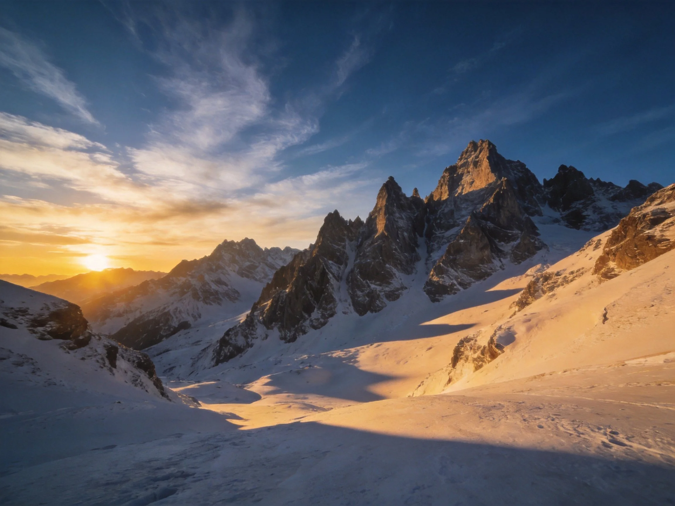 Golden sunset illuminates snow-covered mountain peaks