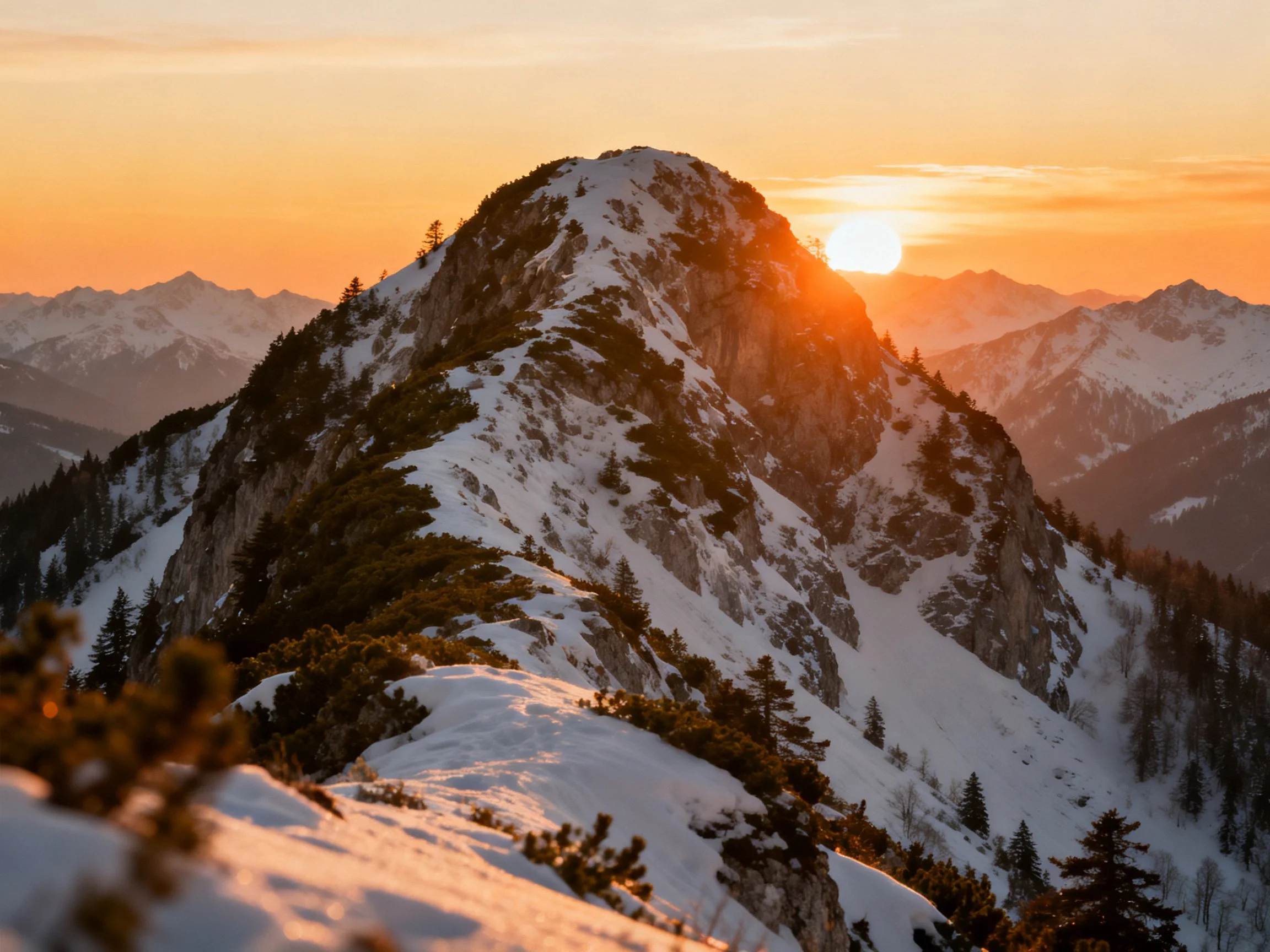 Golden sunset illuminates snow-covered mountain ridges
