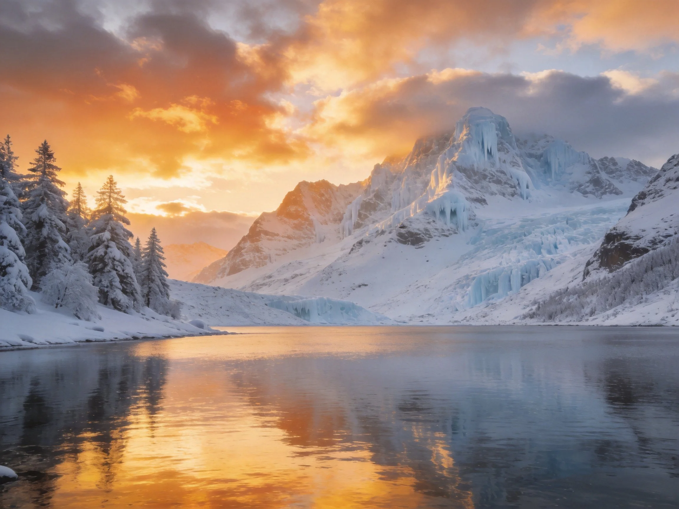 Golden sunset illuminates snow-covered mountains and frozen lake