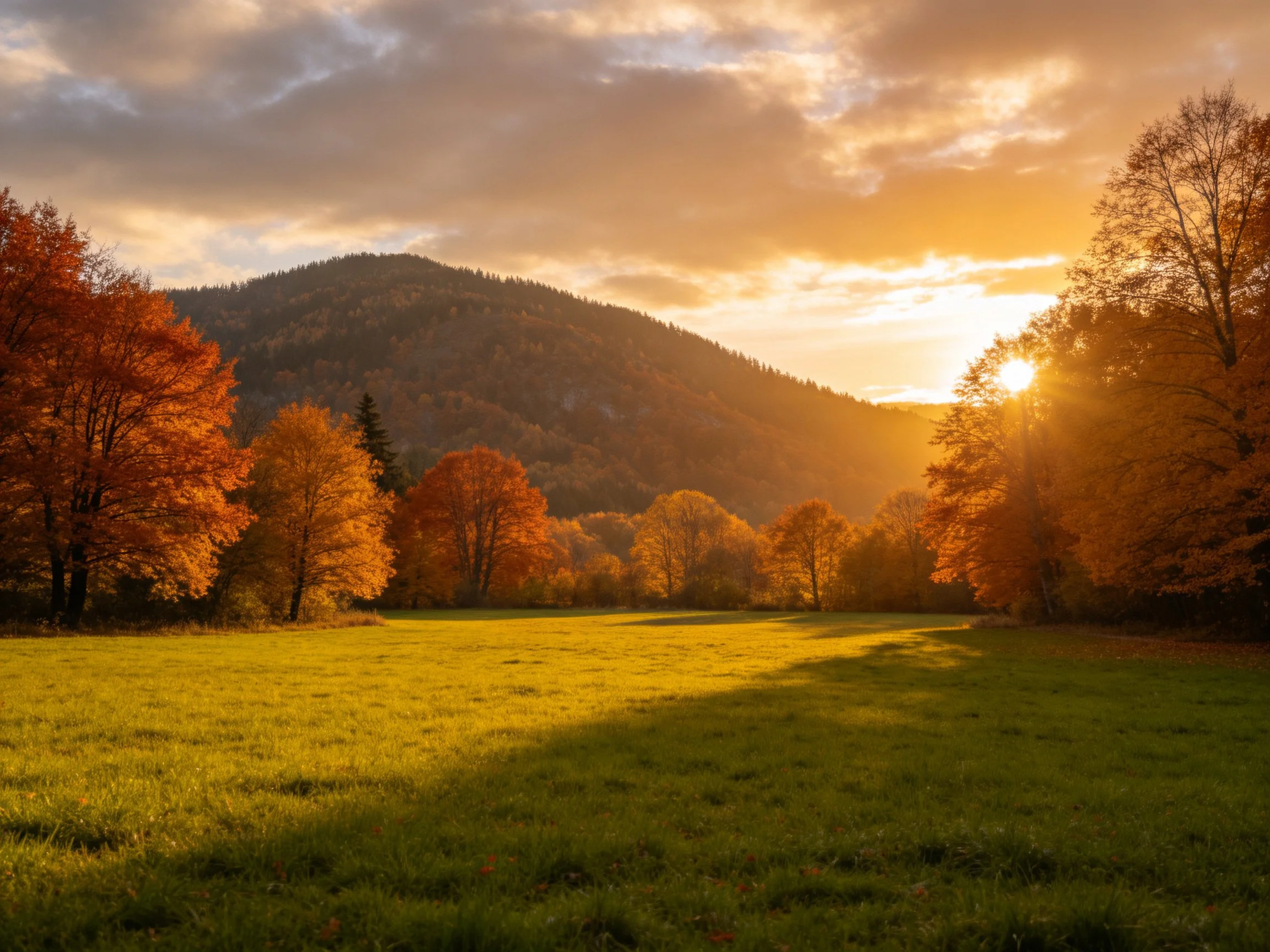 Golden sunset illuminates vibrant autumn trees over a lush green meadow near a forested mountain.