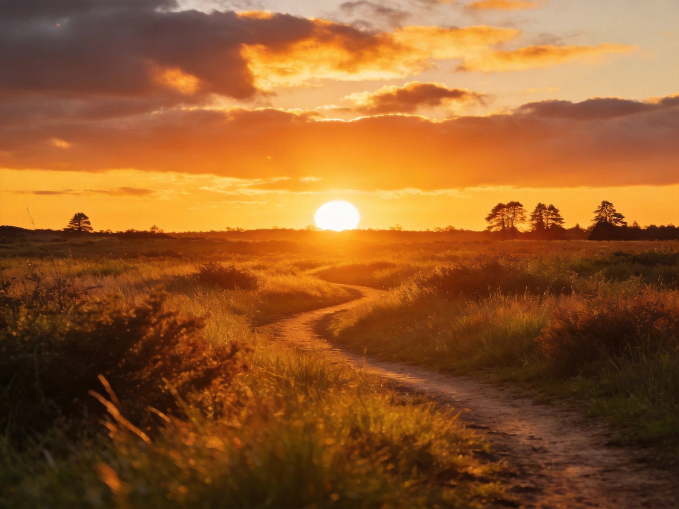 Golden sunset illuminates winding dirt path through open field