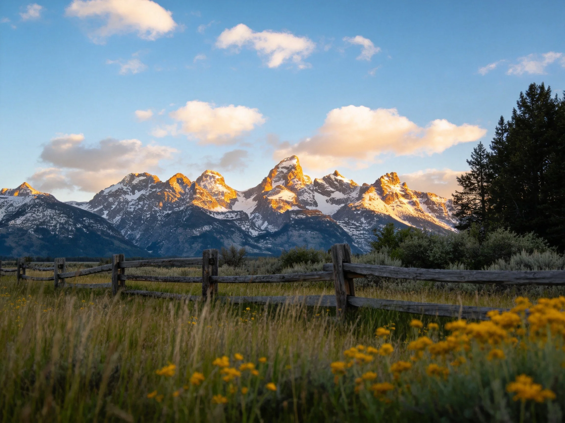Golden sunset lights snow-capped mountain peaks near a wooden fence