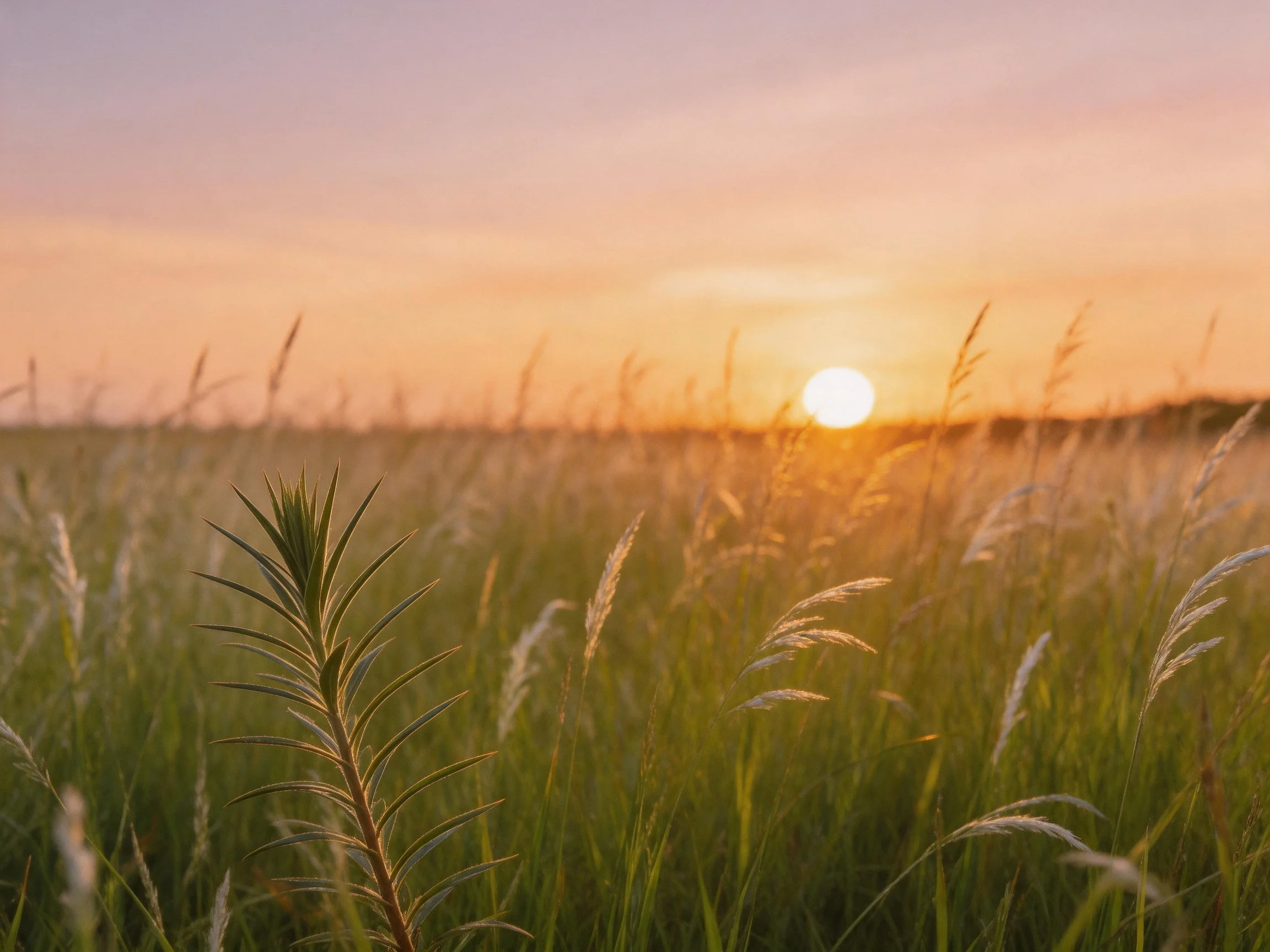 Golden sunset over a lush green meadow with tall grasses
