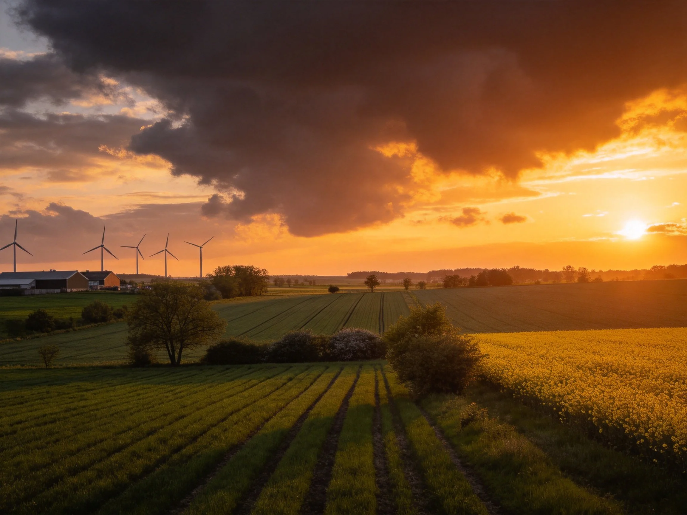 Golden sunset over agricultural fields withwind turbines