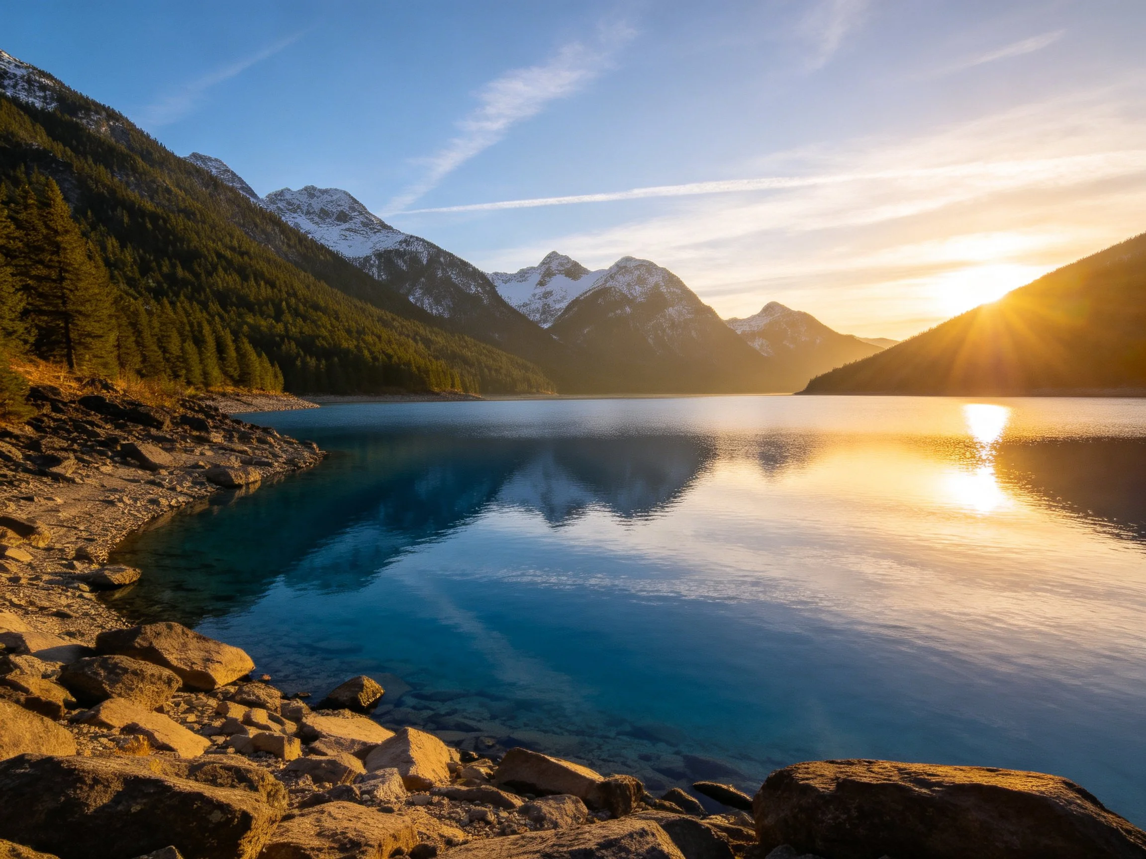 Golden sunset over calm lake near rocky shore and forested mountains