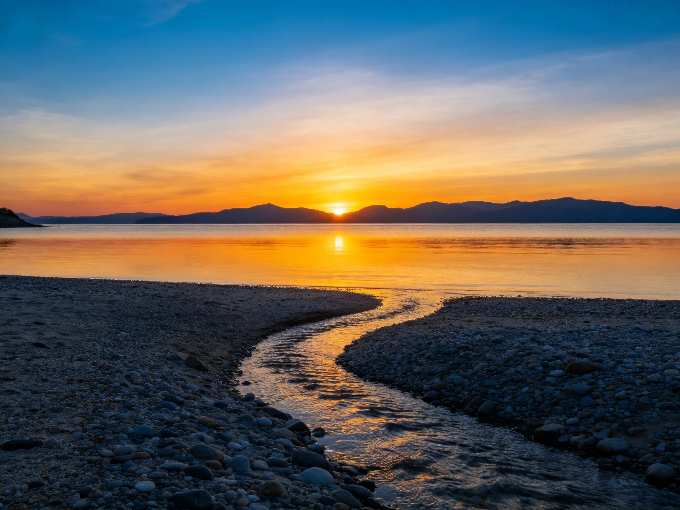 Golden sunset over calm lake, rocky shore, and distant mountains