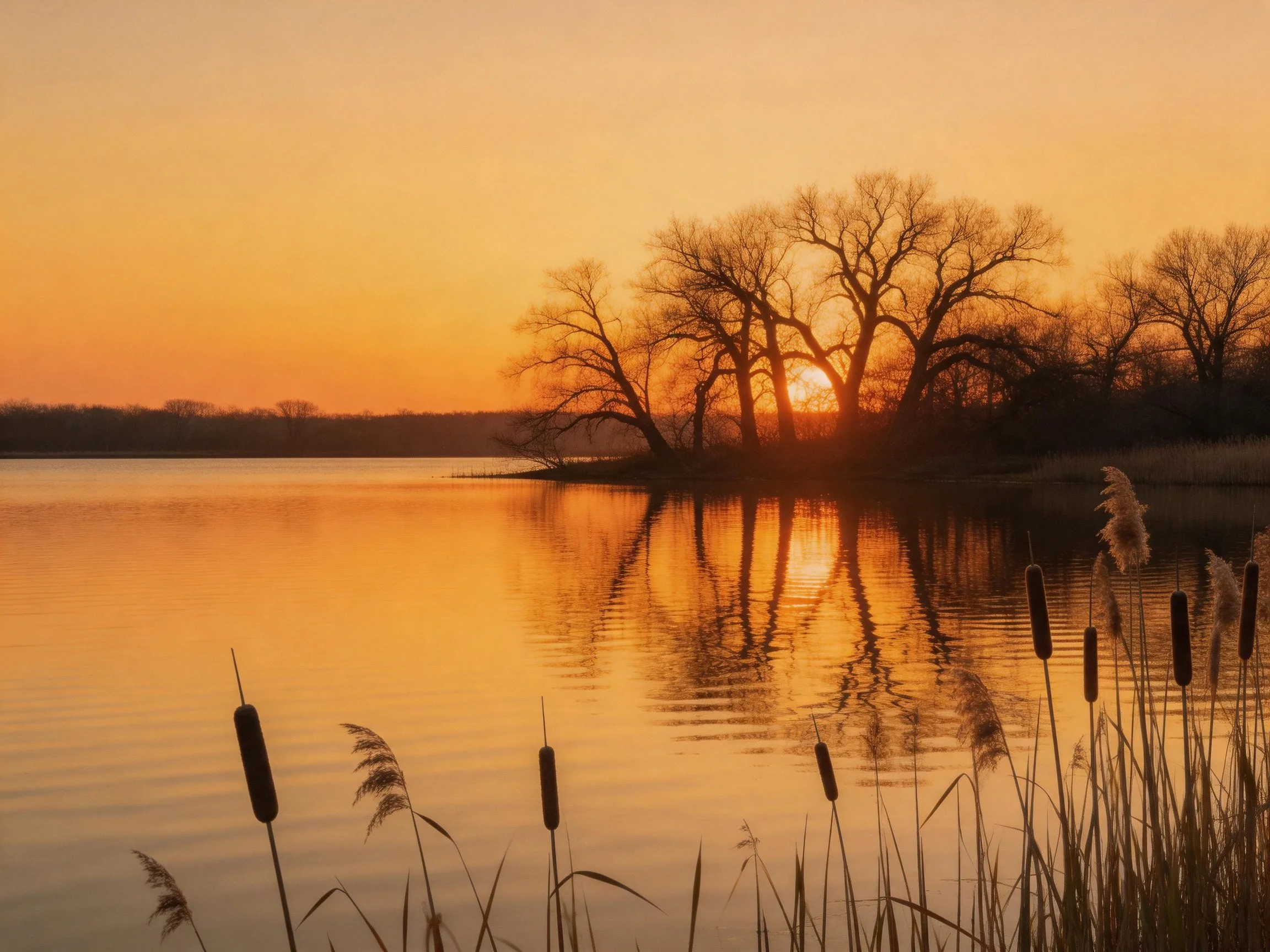 Golden sunset over calm lake with silhouetted trees and tall reeds