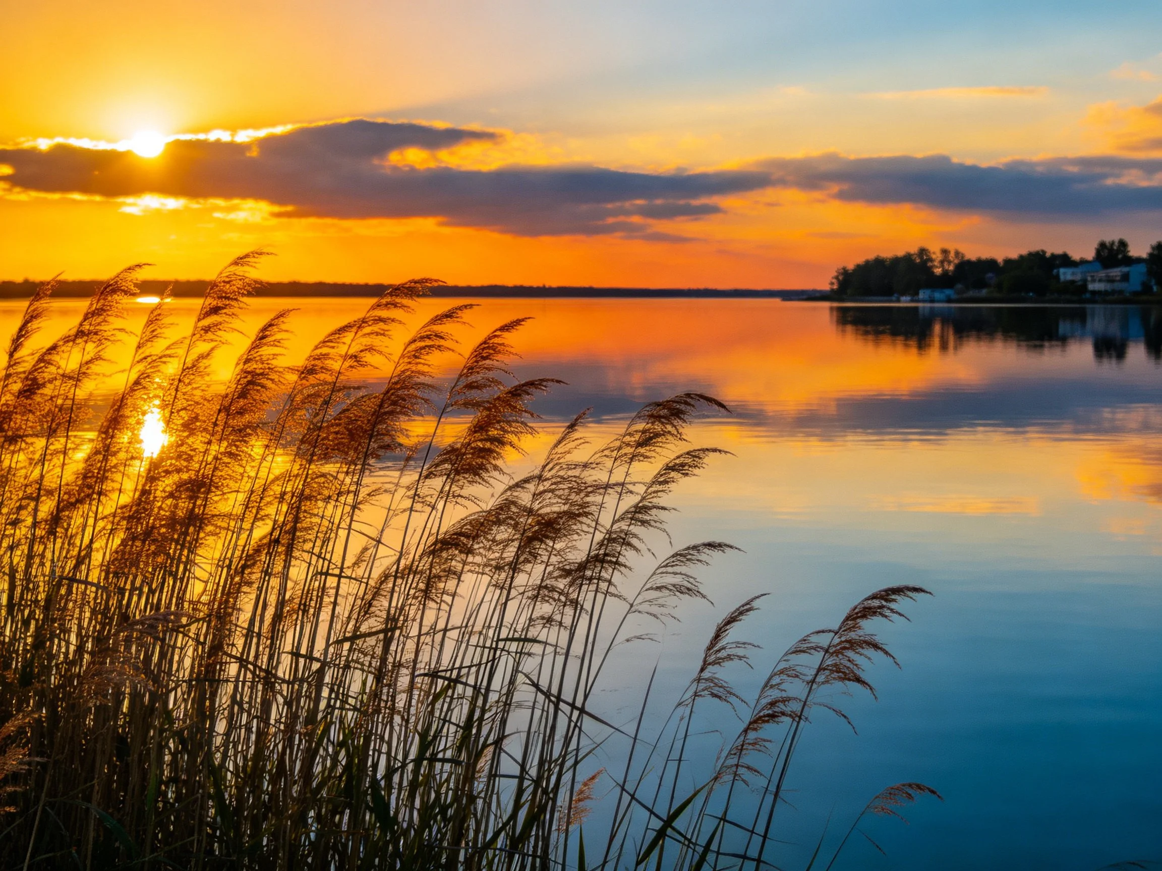 Golden sunset over calm lake with tall reed silhouettes