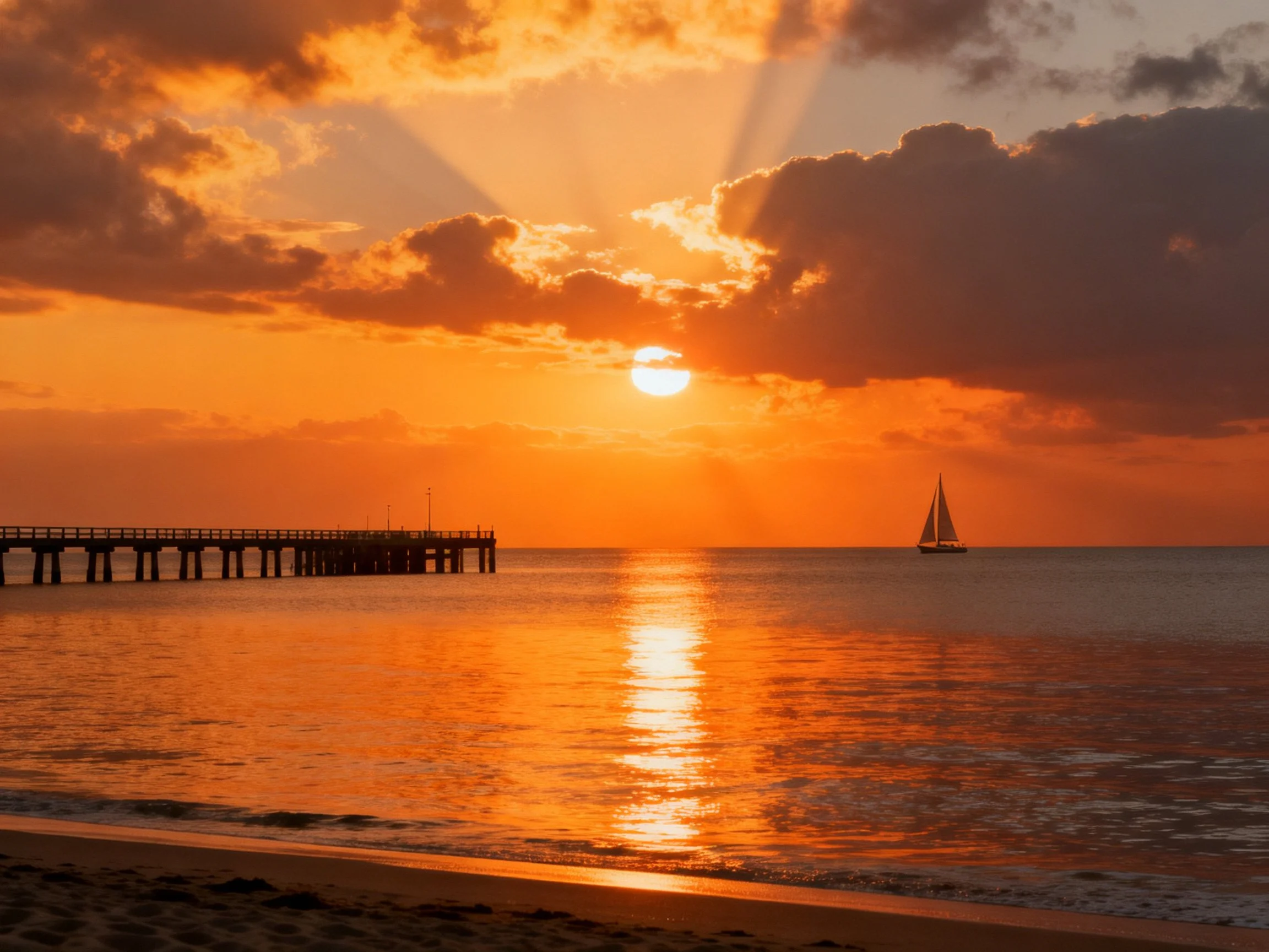 Golden sunset over calm ocean with pier and sailboat
