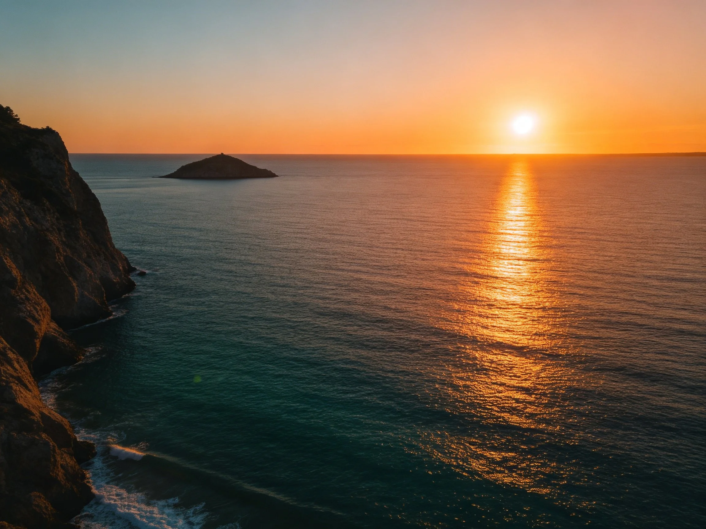Golden sunset over calm ocean with rocky cliffs and distant island