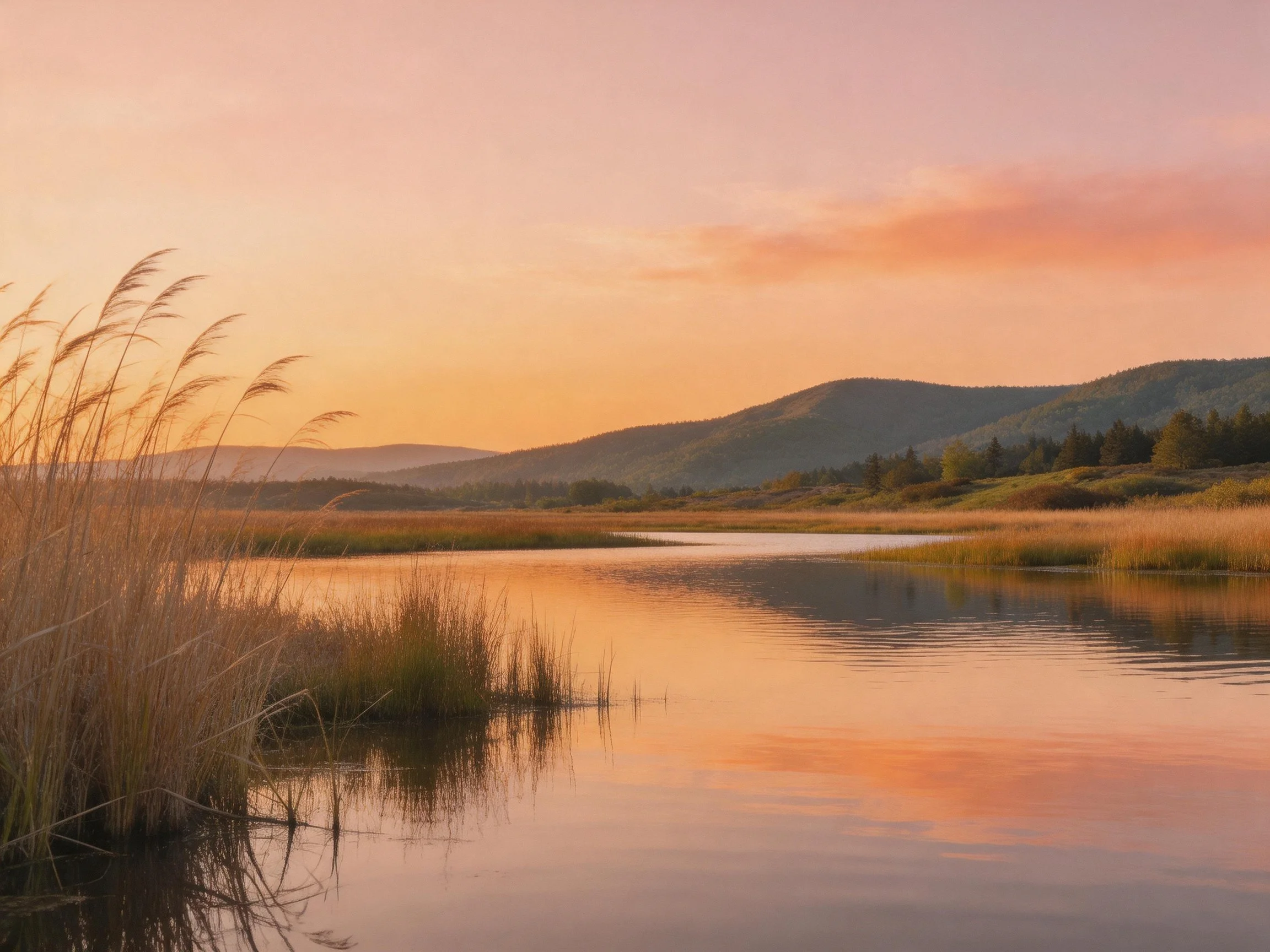 Golden sunset over calm river and rolling hills