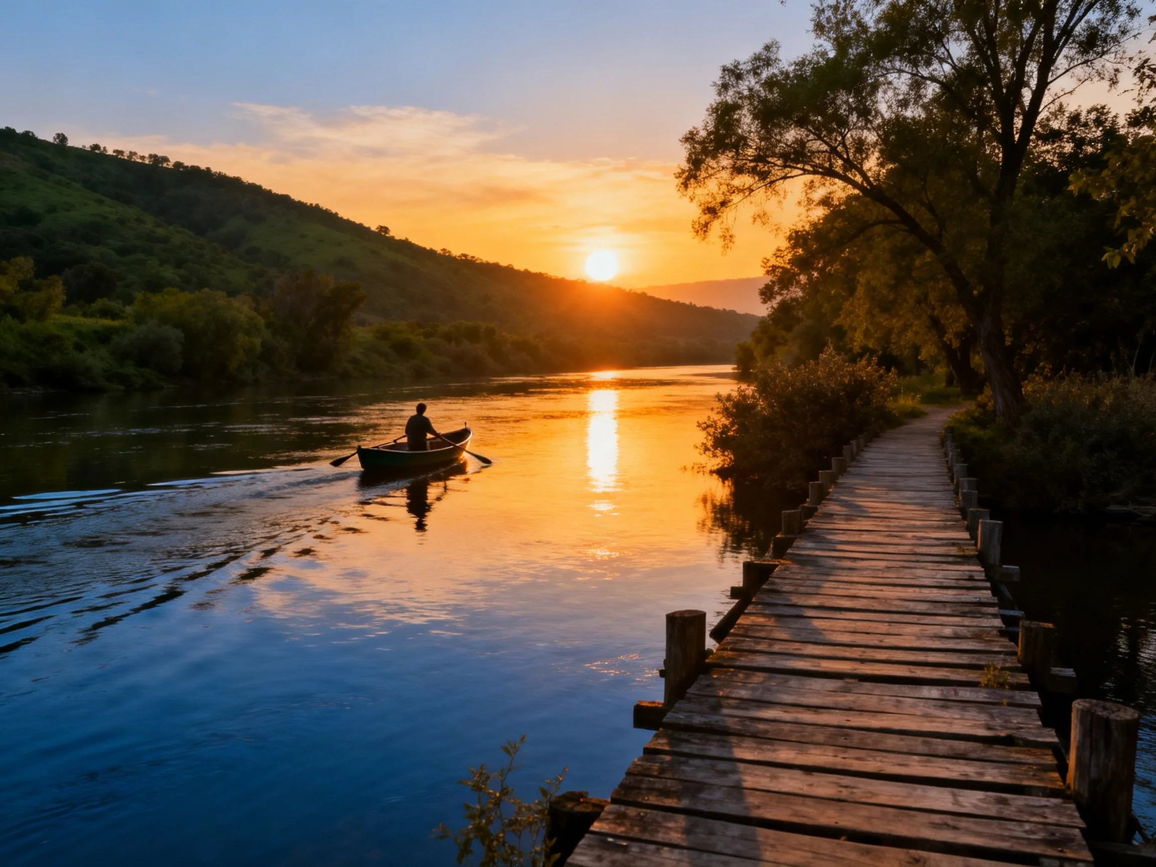 Golden sunset over calm river with wooden dock and paddler